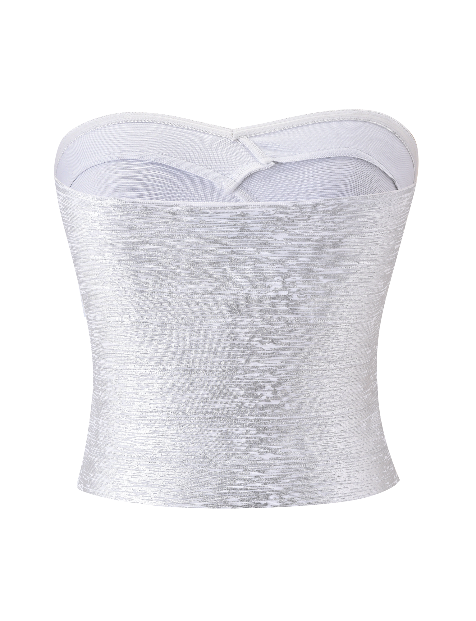 The TIGERMIST NIYA METALLIC BANDAGE TOP in Liquid Silver is a strapless, fitted corset with a subtle sheen and sweetheart neckline, showcased against a plain white background.