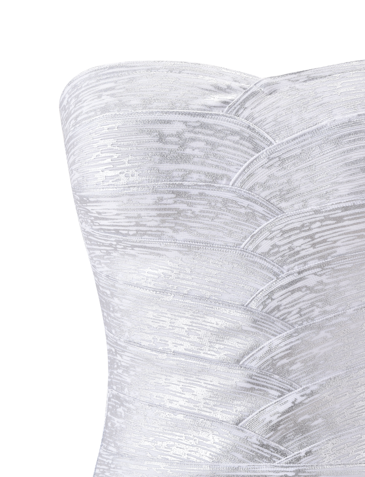 Close-up of the NIYA METALLIC BANDAGE TOP - LIQUID SILVER by TIGERMIST, featuring a white textured strapless design with a metallic silver finish and geometric, layered panel details. The style is reminiscent of a structured bandage corset top. Plain white background.