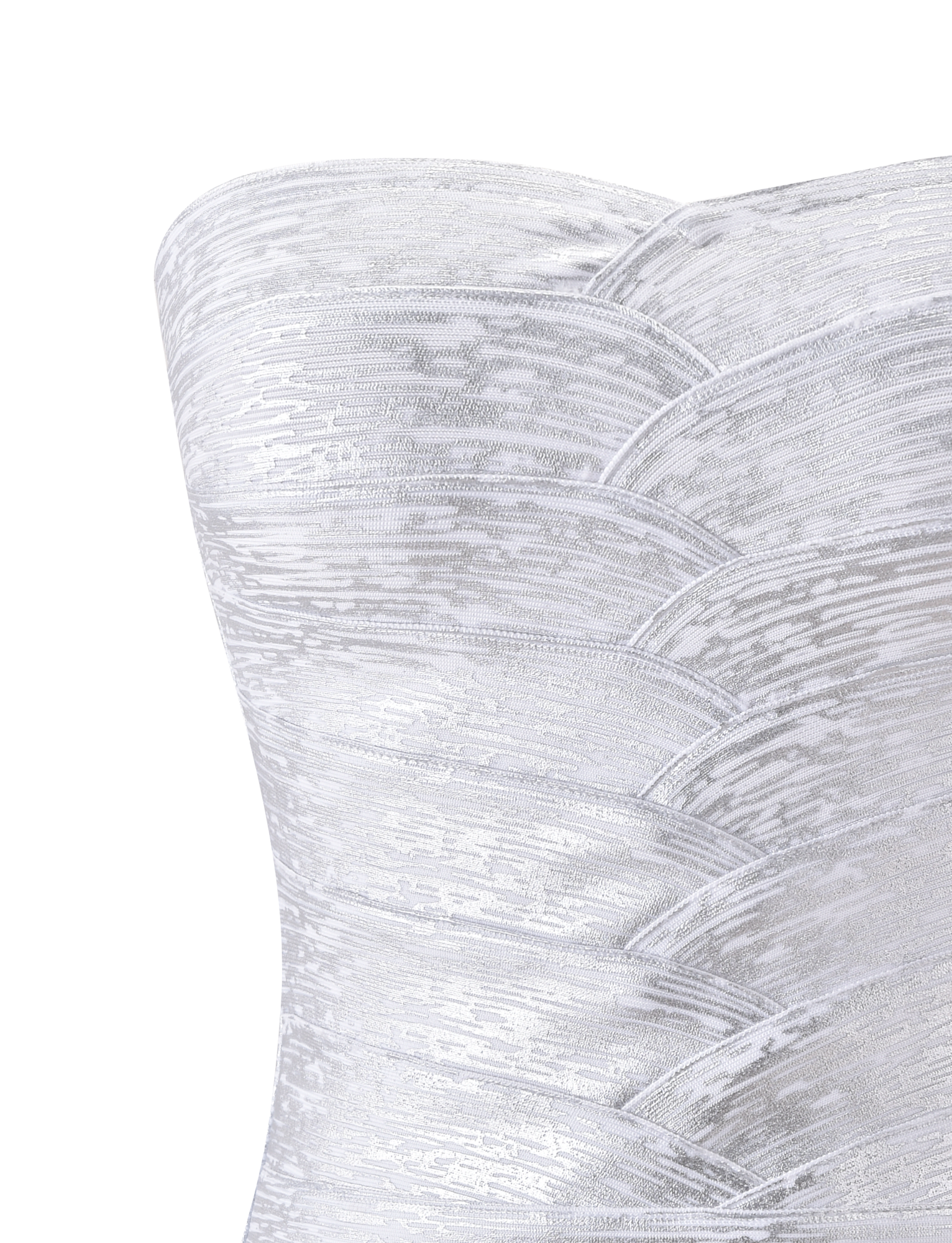 Close-up of the NIYA METALLIC BANDAGE TOP - LIQUID SILVER by TIGERMIST, featuring a white textured strapless design with a metallic silver finish and geometric, layered panel details. The style is reminiscent of a structured bandage corset top. Plain white background.