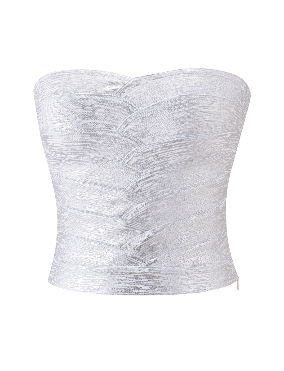 The NIYA METALLIC BANDAGE TOP in Liquid Silver by TIGERMIST is a strapless, textured corset top featuring a metallic sheen, sweetheart neckline, and overlapping pattern, shown on a plain white background.