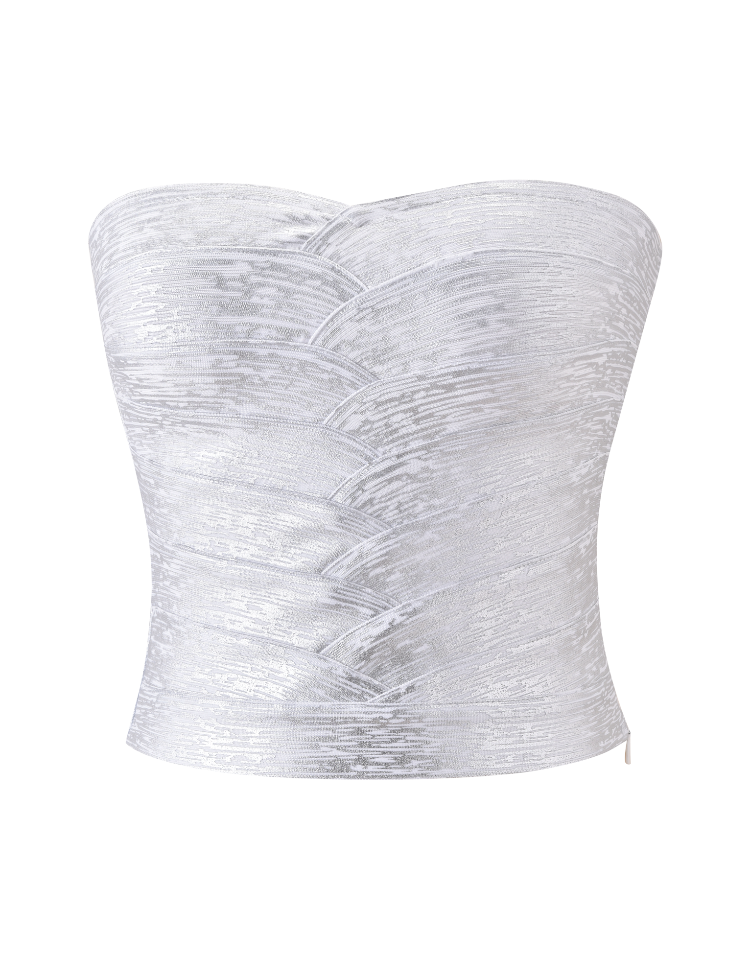 The NIYA METALLIC BANDAGE TOP in Liquid Silver by TIGERMIST is a strapless, textured corset top featuring a metallic sheen, sweetheart neckline, and overlapping pattern, shown on a plain white background.