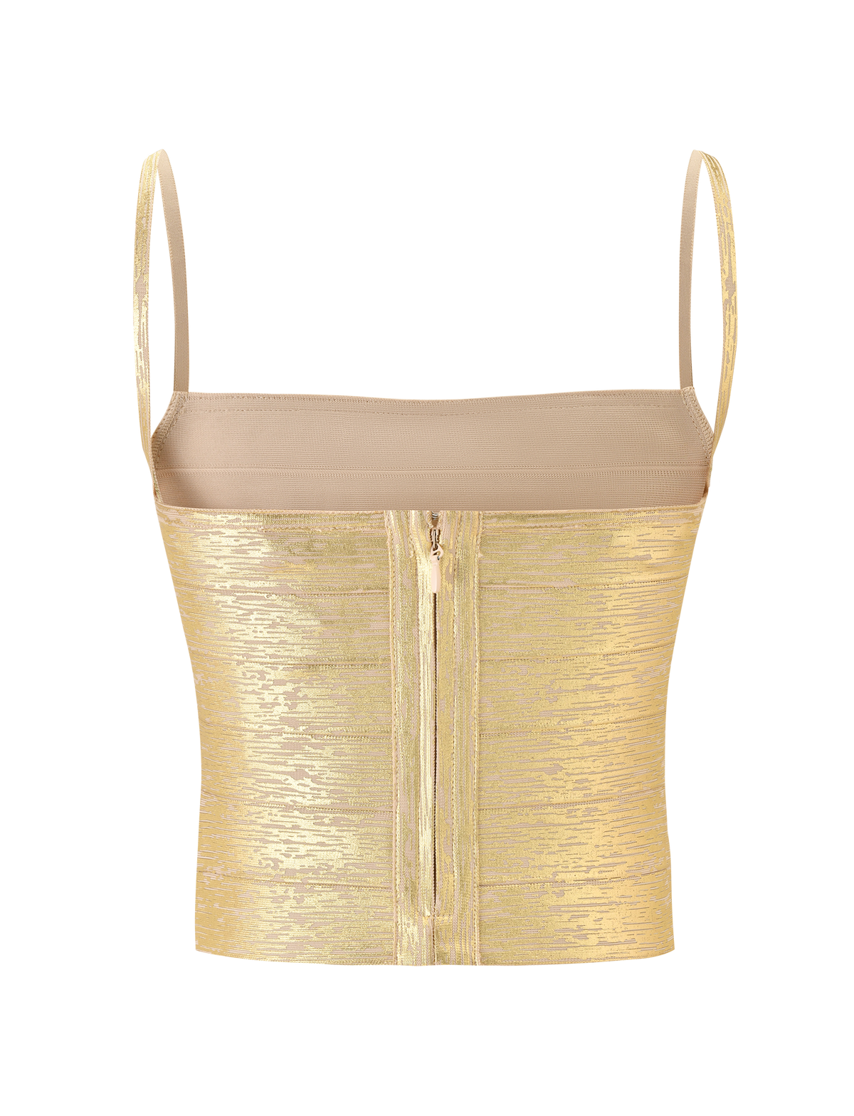 The TIGERMIST MIDORI METALLIC BANDAGE TOP in gold features thin straps, a square neckline, and a front zipper, shown against a plain white background.