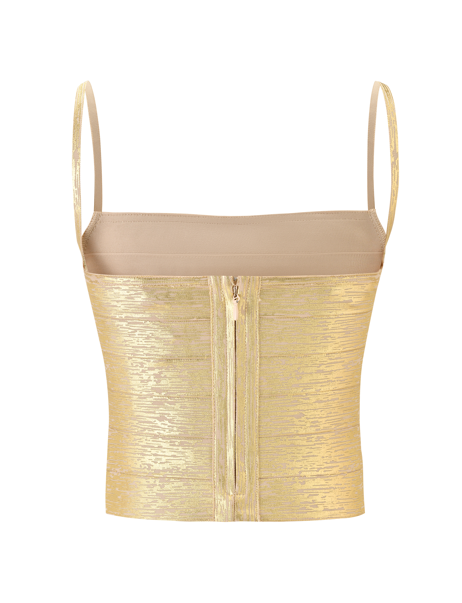 The TIGERMIST MIDORI METALLIC BANDAGE TOP in gold features thin straps, a square neckline, and a front zipper, shown against a plain white background.