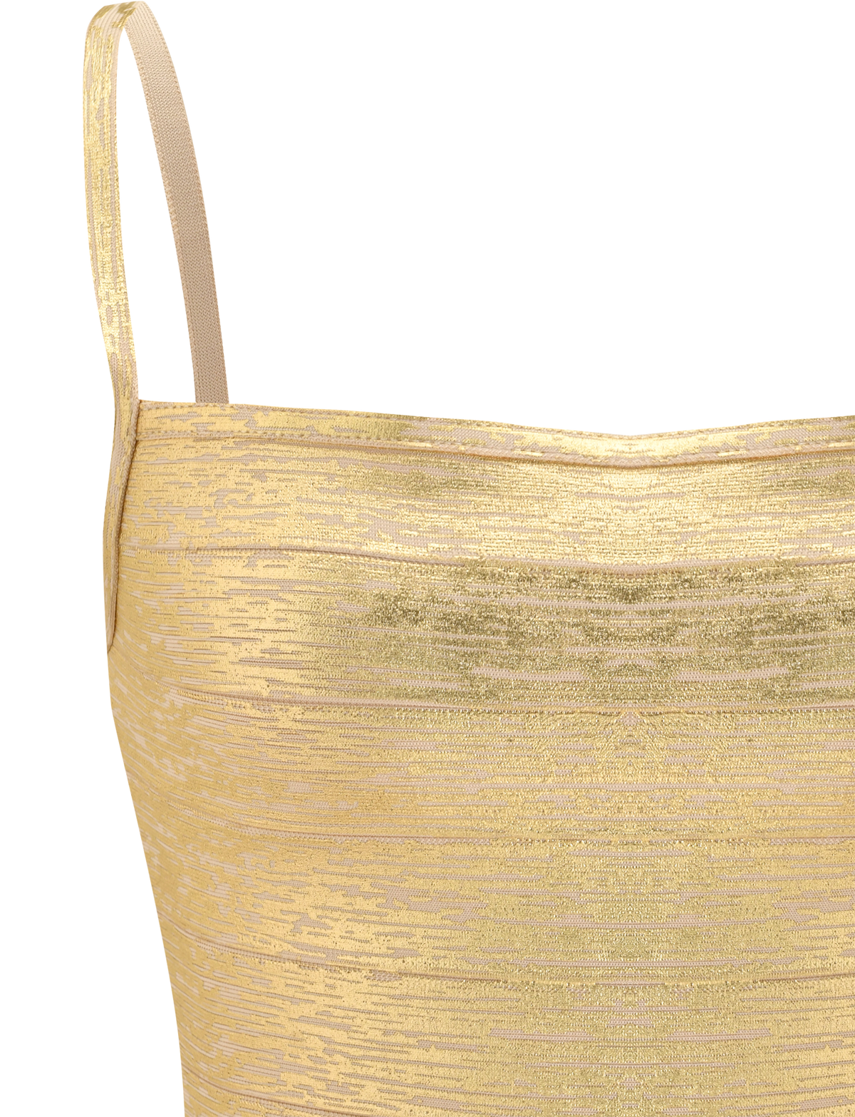Close-up of the MIDORI METALLIC BANDAGE TOP in gold by TIGERMIST, showcasing its square neckline, thin shoulder straps, and textured metallic fabric. The background is plain white.