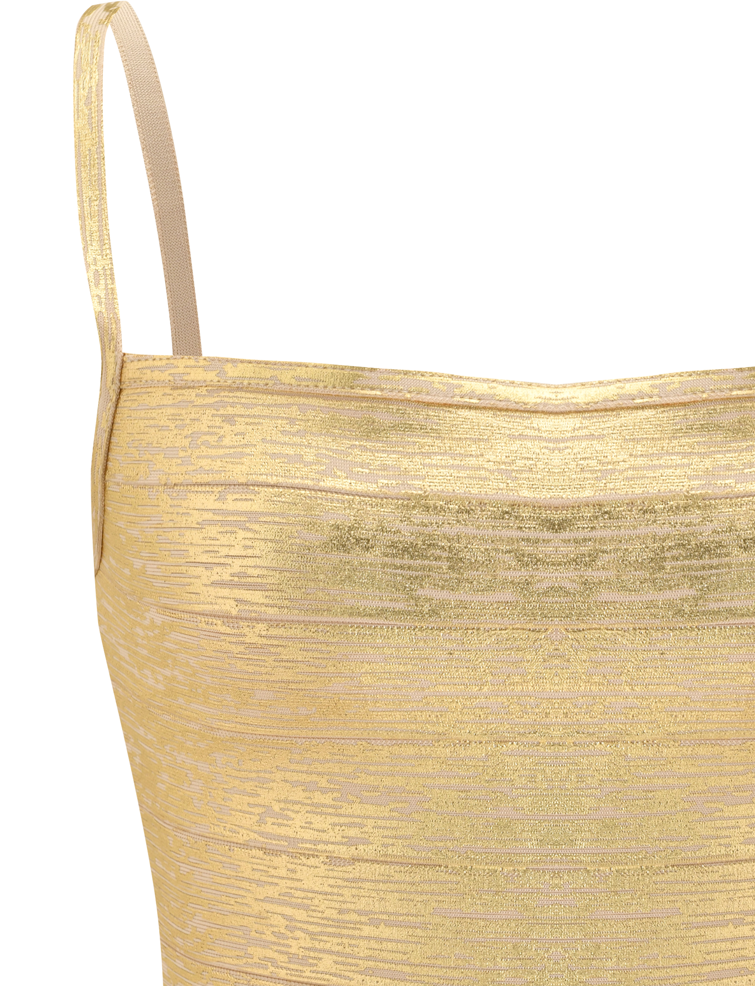 Close-up of the MIDORI METALLIC BANDAGE TOP in gold by TIGERMIST, showcasing its square neckline, thin shoulder straps, and textured metallic fabric. The background is plain white.