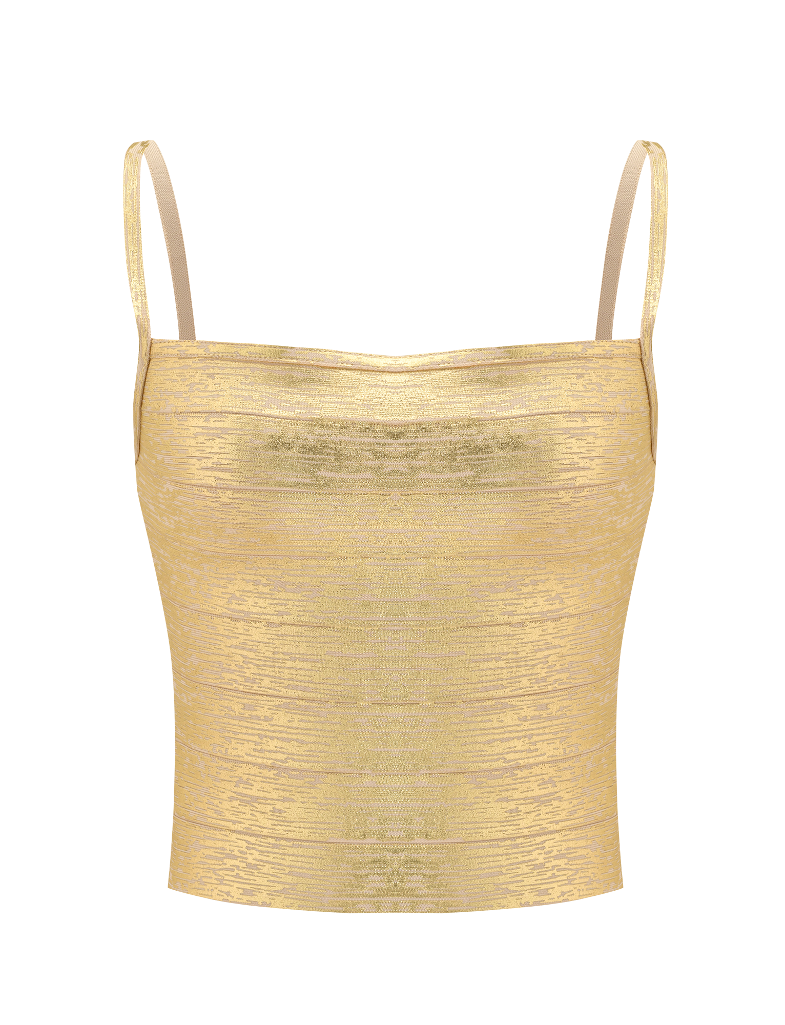 The TIGERMIST MIDORI METALLIC BANDAGE TOP - GOLD is a crop top with a square neckline and thin spaghetti straps, shown against a plain white background.