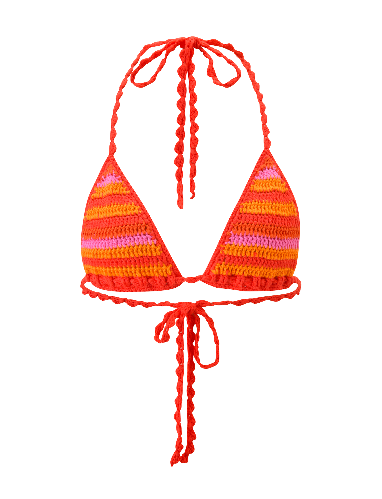 The TIGERMIST CORA BIKINI TOP 2.0 - SUNSET TROPICAL STRIPE features adjustable red, orange, and pink crochet triangle cups with braided halter neck and back ties. Displayed on a plain white background.