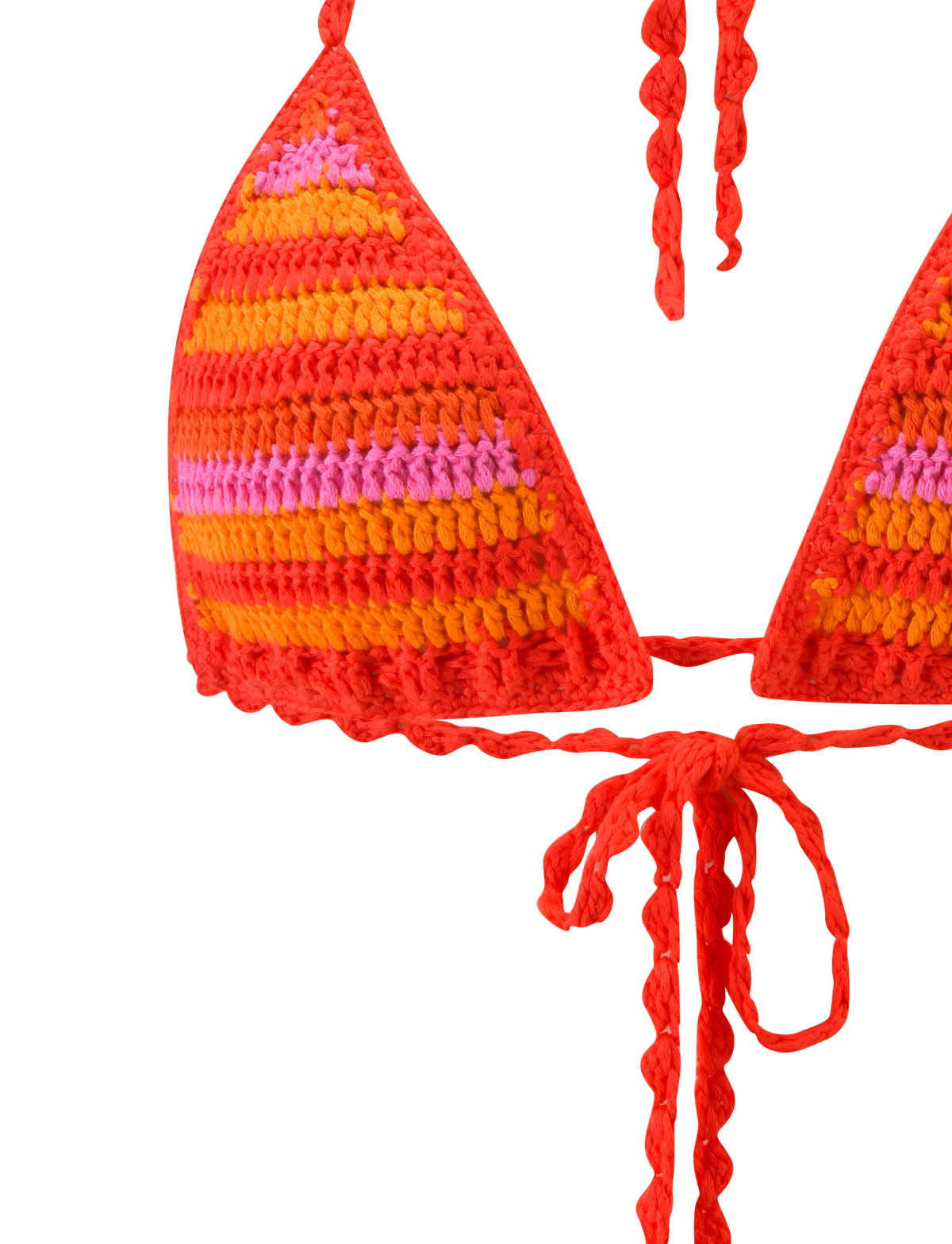 Close-up of TIGERMIST's CORA BIKINI TOP 2.0 - SUNSET TROPICAL STRIPE, a crochet triangle bikini with adjustable neck and back ties, featuring red, orange, pink, and yellow stripes on a plain white background.