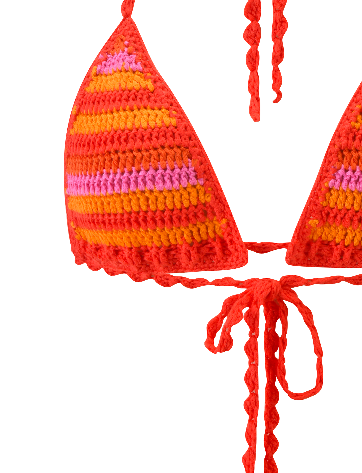 Close-up of TIGERMIST's CORA BIKINI TOP 2.0 - SUNSET TROPICAL STRIPE, a crochet triangle bikini with adjustable neck and back ties, featuring red, orange, pink, and yellow stripes on a plain white background.