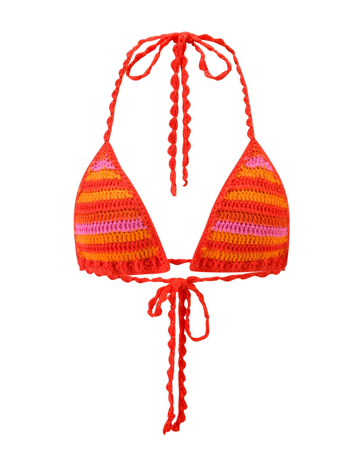 The CORA BIKINI TOP 2.0 - SUNSET TROPICAL STRIPE by TIGERMIST features orange, red, and pink horizontal stripes with adjustable braided straps that tie at the neck and back. Displayed on a plain white background.