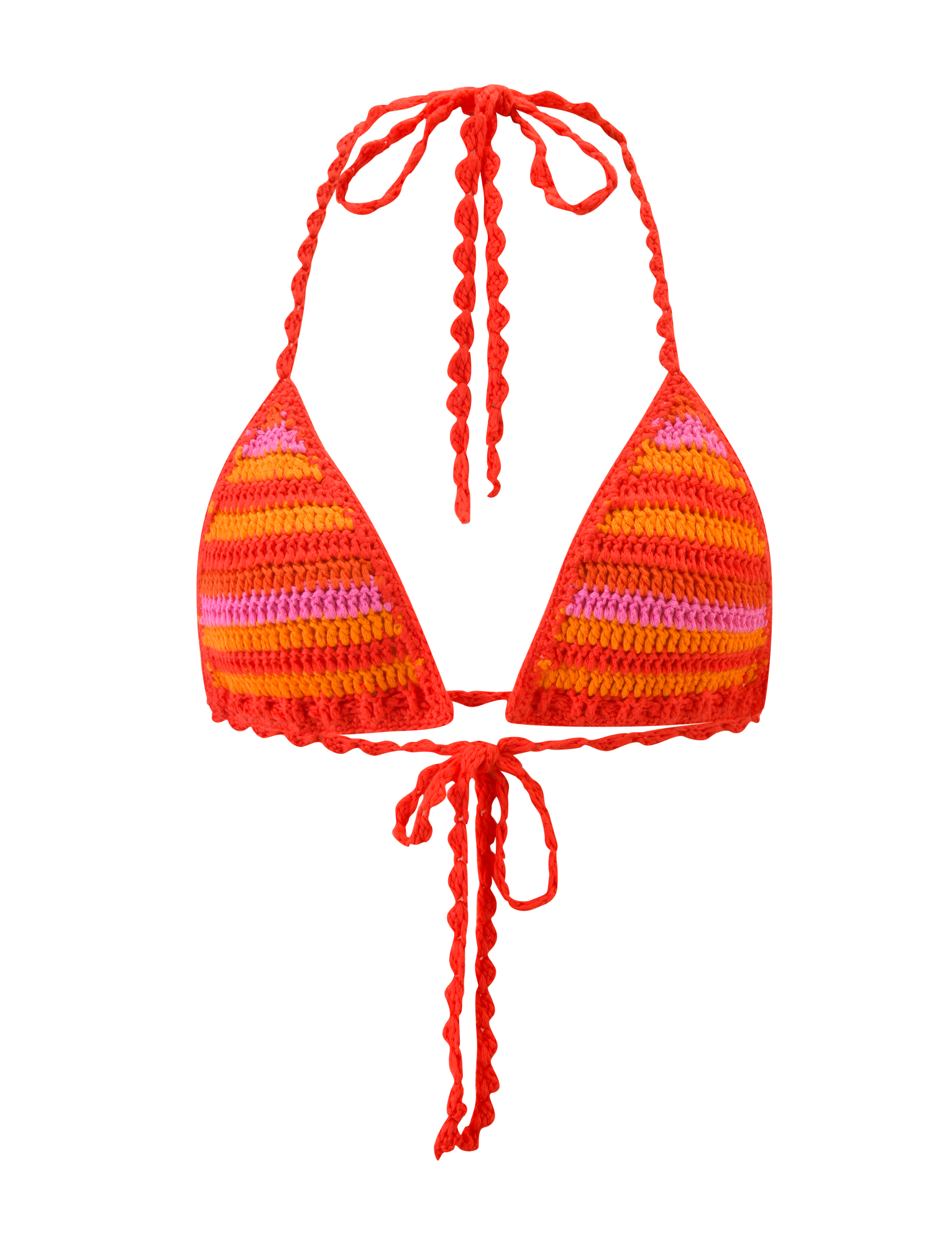 The CORA BIKINI TOP 2.0 - SUNSET TROPICAL STRIPE by TIGERMIST features orange, red, and pink horizontal stripes with adjustable braided straps that tie at the neck and back. Displayed on a plain white background.