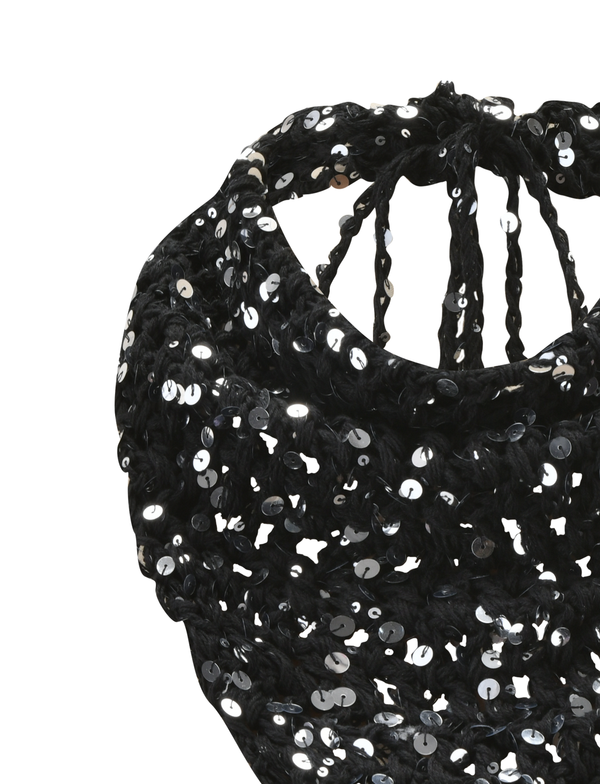 Close-up of the SYLVAN CROCHET SCARF in black by TIGERMIST, showcasing its woven texture and shiny sequin details against a plain white background—an eye-catching accessory ideal for festivals.