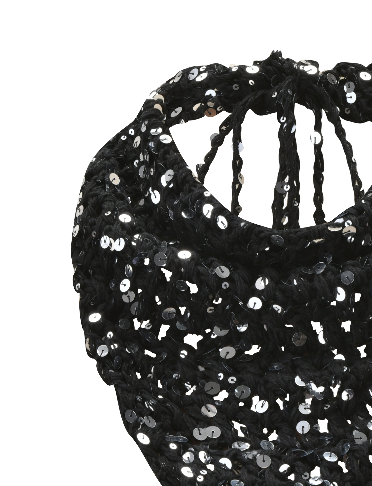 Close-up of the SYLVAN CROCHET SCARF in black by TIGERMIST, showcasing its woven texture and shiny sequin details against a plain white background—an eye-catching accessory ideal for festivals.