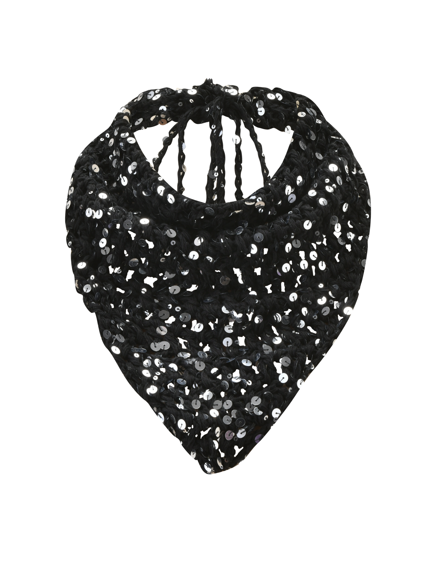 The SYLVAN CROCHET SCARF - BLACK by TIGERMIST features sparkling sequins and braided straps, making it a standout accessory for festivals with its striking, glamorous look against the black fabric.