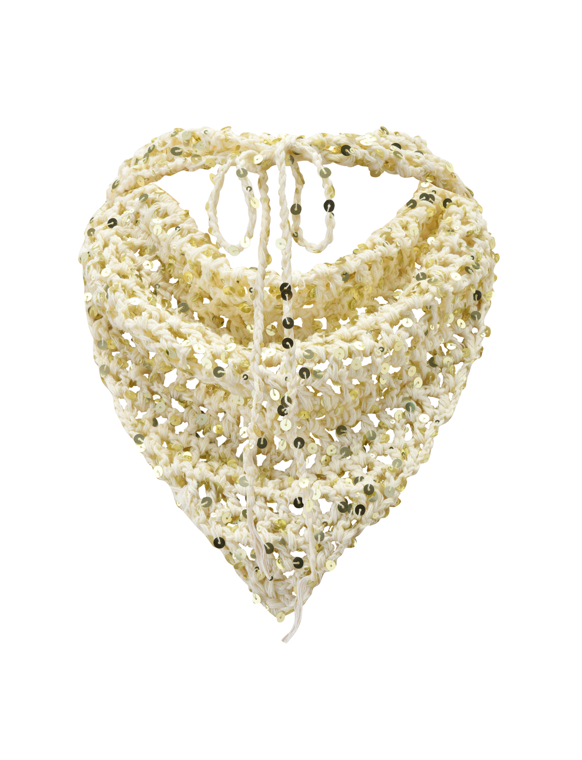 The SYLVAN CROCHET SCARF - CREAM by TIGERMIST features an open weave, shiny sequins, and tie-back strings—an ideal festival accessory.