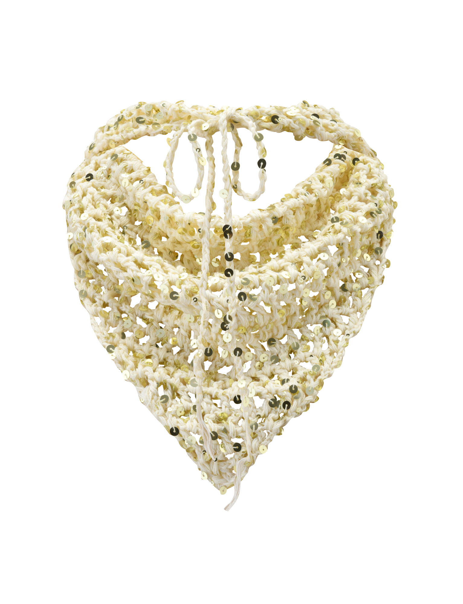 The SYLVAN CROCHET SCARF - CREAM by TIGERMIST features an open weave, shiny sequins, and tie-back strings—an ideal festival accessory.