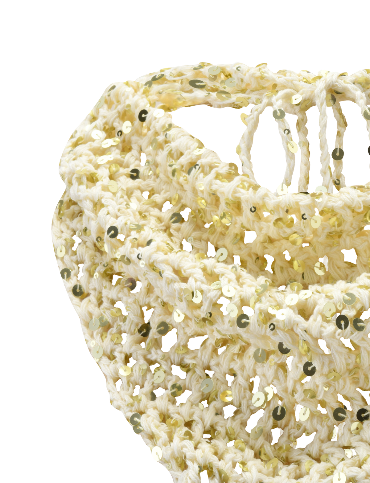 Close-up of the SYLVAN CROCHET SCARF in cream by TIGERMIST, featuring shiny light gold sequins and a loose-knit texture, making it an ideal festival accessory.
