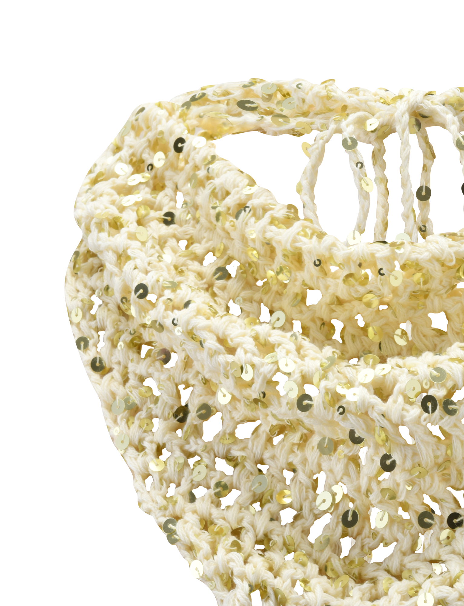 Close-up of the SYLVAN CROCHET SCARF in cream by TIGERMIST, featuring shiny light gold sequins and a loose-knit texture, making it an ideal festival accessory.