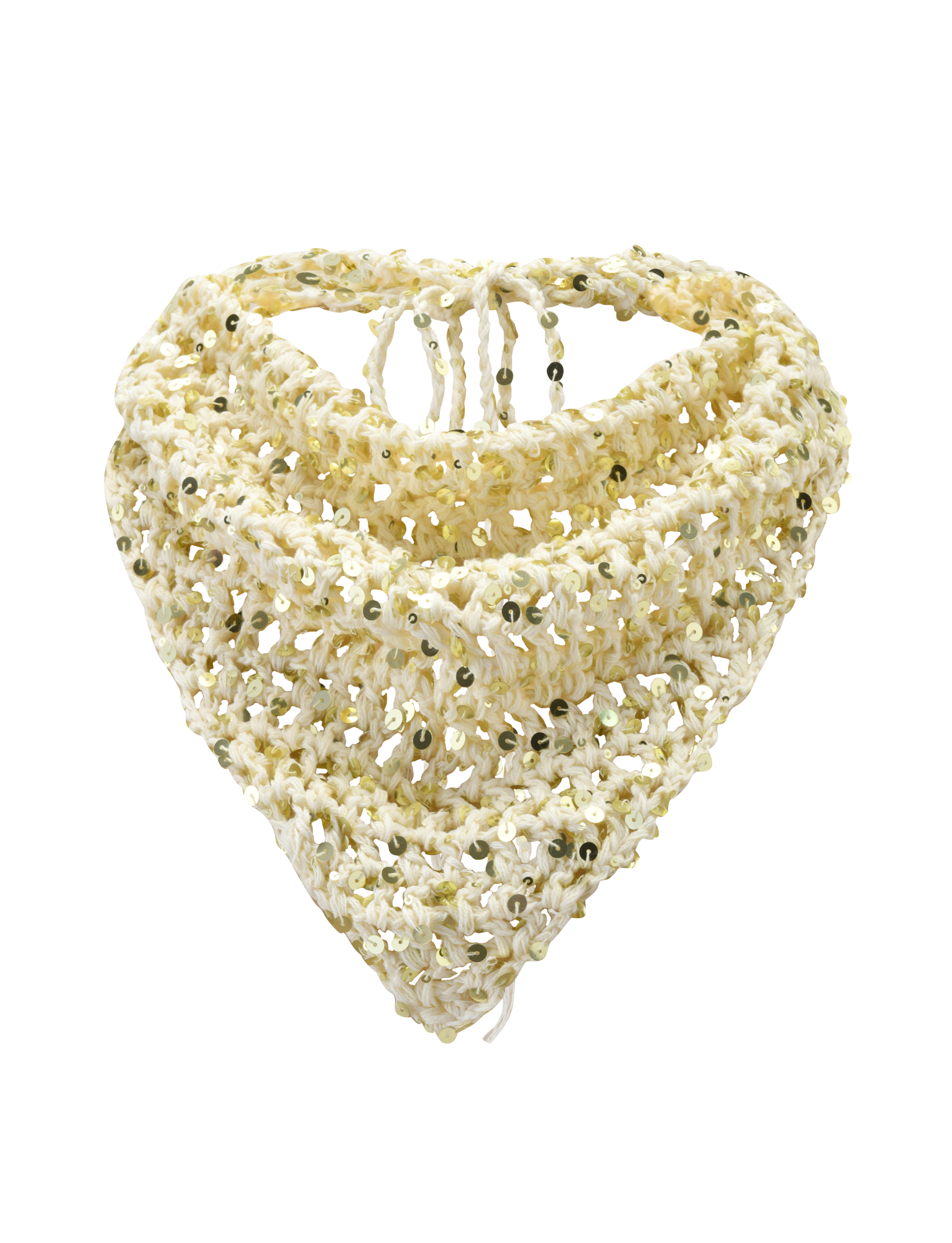 The SYLVAN CROCHET SCARF - CREAM by TIGERMIST is a hand-knitted, cream triangular scarf with a lacy pattern and green sequins, perfect as a festival accessory or stylish scarf, shown against a plain white background.