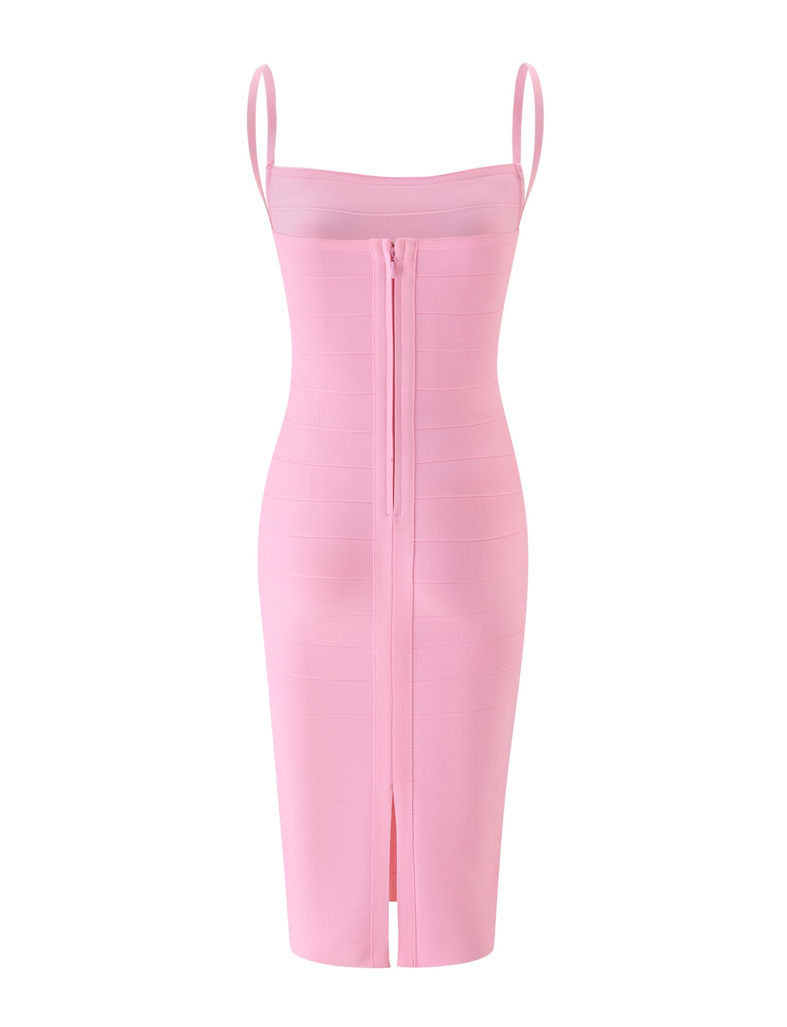 The MIDORI MIDI BANDAGE DRESS - BABY PINK by TIGERMIST showcases a sculpted, form-fitting silhouette with spaghetti straps, a back zipper, and a subtle slit at the hem. This knee-length dress is displayed against a plain white background.