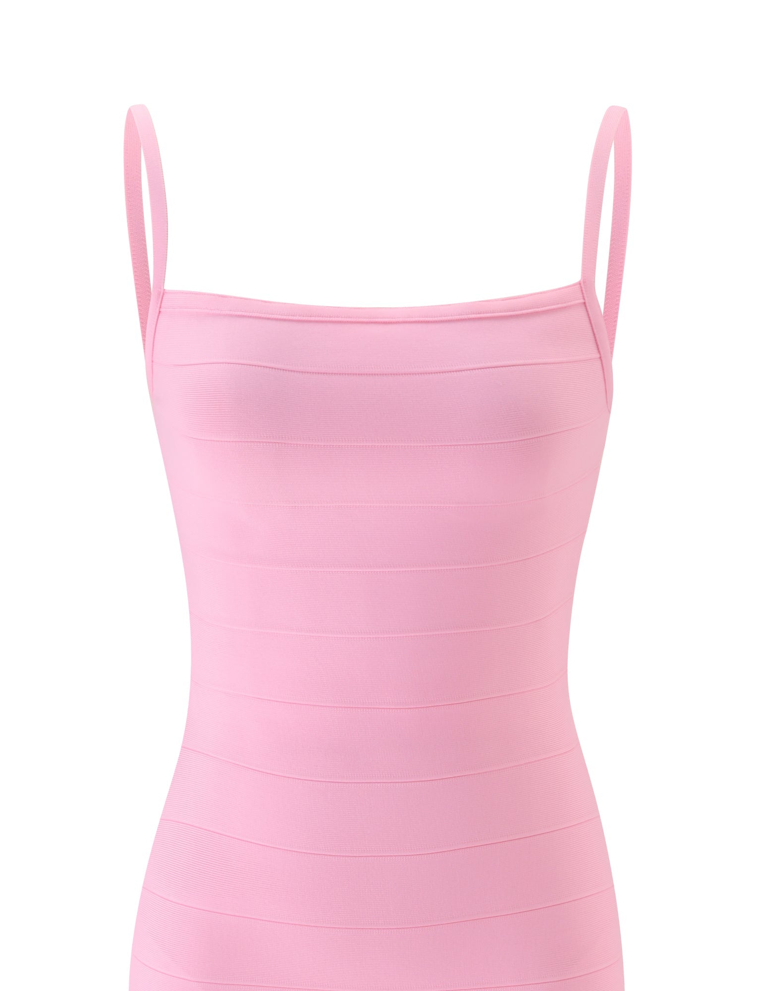 The TIGERMIST MIDORI MIDI BANDAGE DRESS in baby pink features a sleeveless, fitted bandage-style design with thin straps and a sculpted silhouette, displayed against a white background.