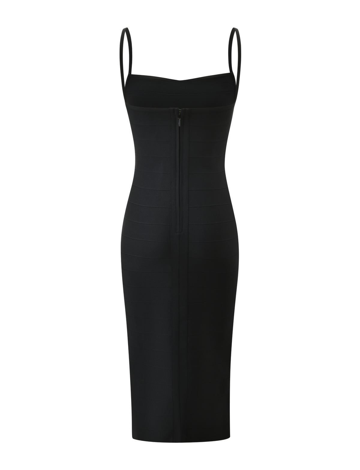 The TIGERMIST MIDORI BANDAGE MIDI DRESS in black is a fitted, sleeveless midi dress with a bodycon silhouette, designed with slim spaghetti straps and a front zipper running vertically down the center.