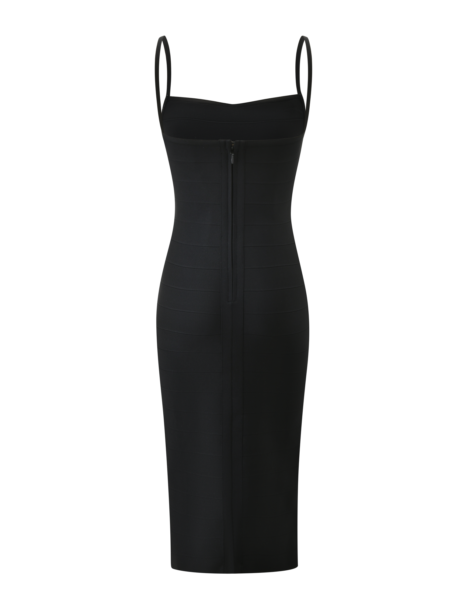 The TIGERMIST MIDORI MIDI BANDAGE DRESS in black features a fitted, sleeveless design with thin straps, a square neckline, and a visible center-back zipper, shown against a plain white background.