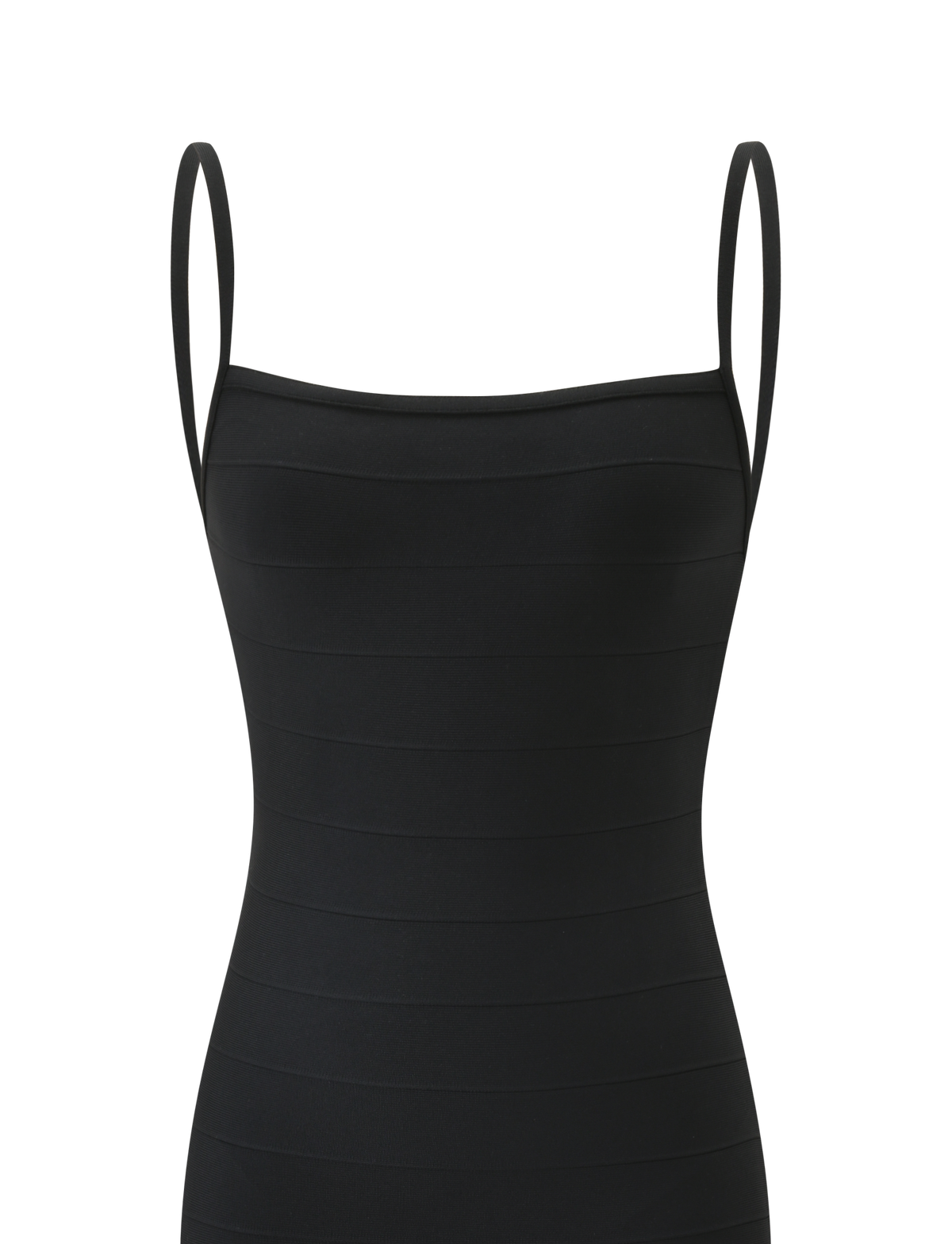 The TIGERMIST MIDORI BANDAGE MIDI DRESS in black is a sleeveless, bodycon dress with thin shoulder straps and subtle horizontal stripes, displayed against a plain white background.