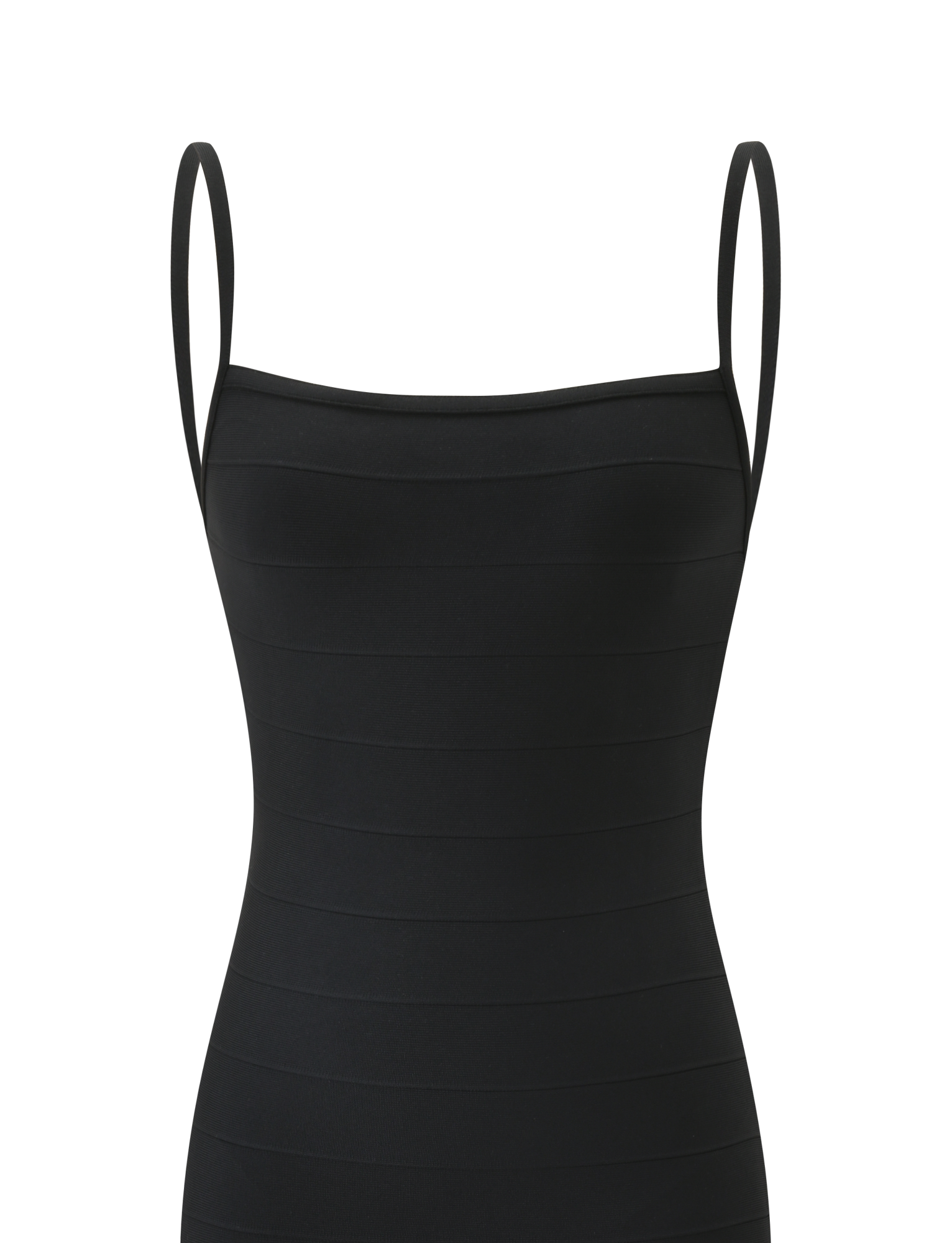 The TIGERMIST MIDORI MIDI BANDAGE DRESS in black is a form-fitting, sleeveless dress with a square neckline, thin spaghetti straps, and a subtle horizontal stripe pattern, shown against a plain white background.
