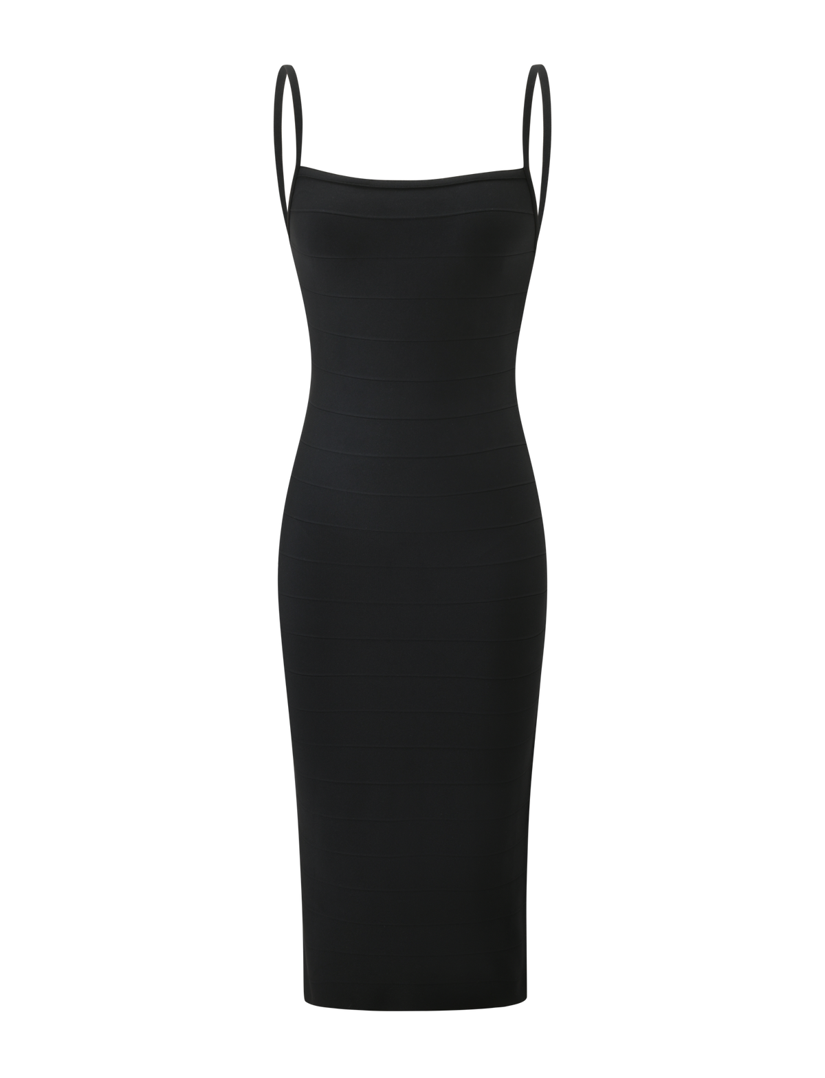 The TIGERMIST MIDORI BANDAGE MIDI DRESS in black is a sleeveless, bodycon-fit dress with thin spaghetti straps, displayed against a plain white background.