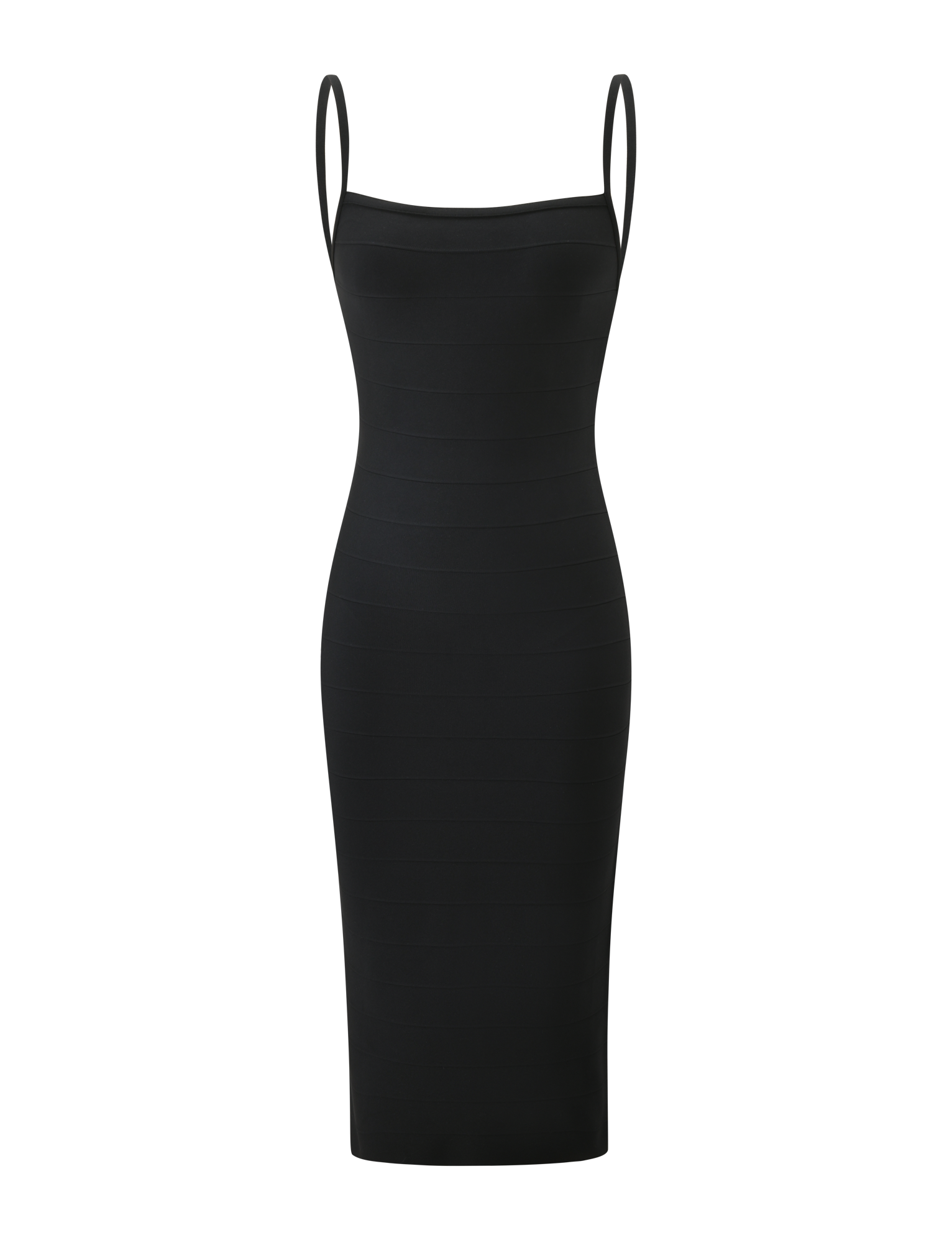 The TIGERMIST MIDORI MIDI BANDAGE DRESS in black features a sleeveless, form-fitting silhouette with thin straps, a square neckline, and an elegant, classic bandage dress design.