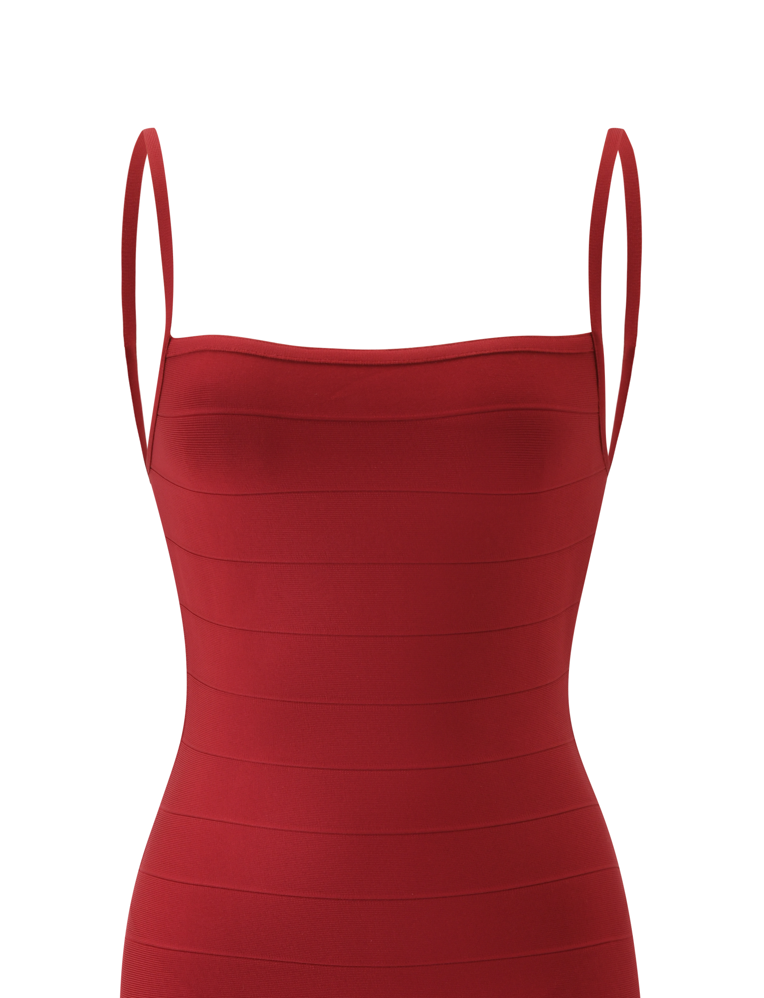 A close-up of the TIGERMIST MIDORI MIDI BANDAGE DRESS in cherry shows its fitted silhouette, thin shoulder straps, horizontal seam details, and subtle waist cinching against a plain white background.