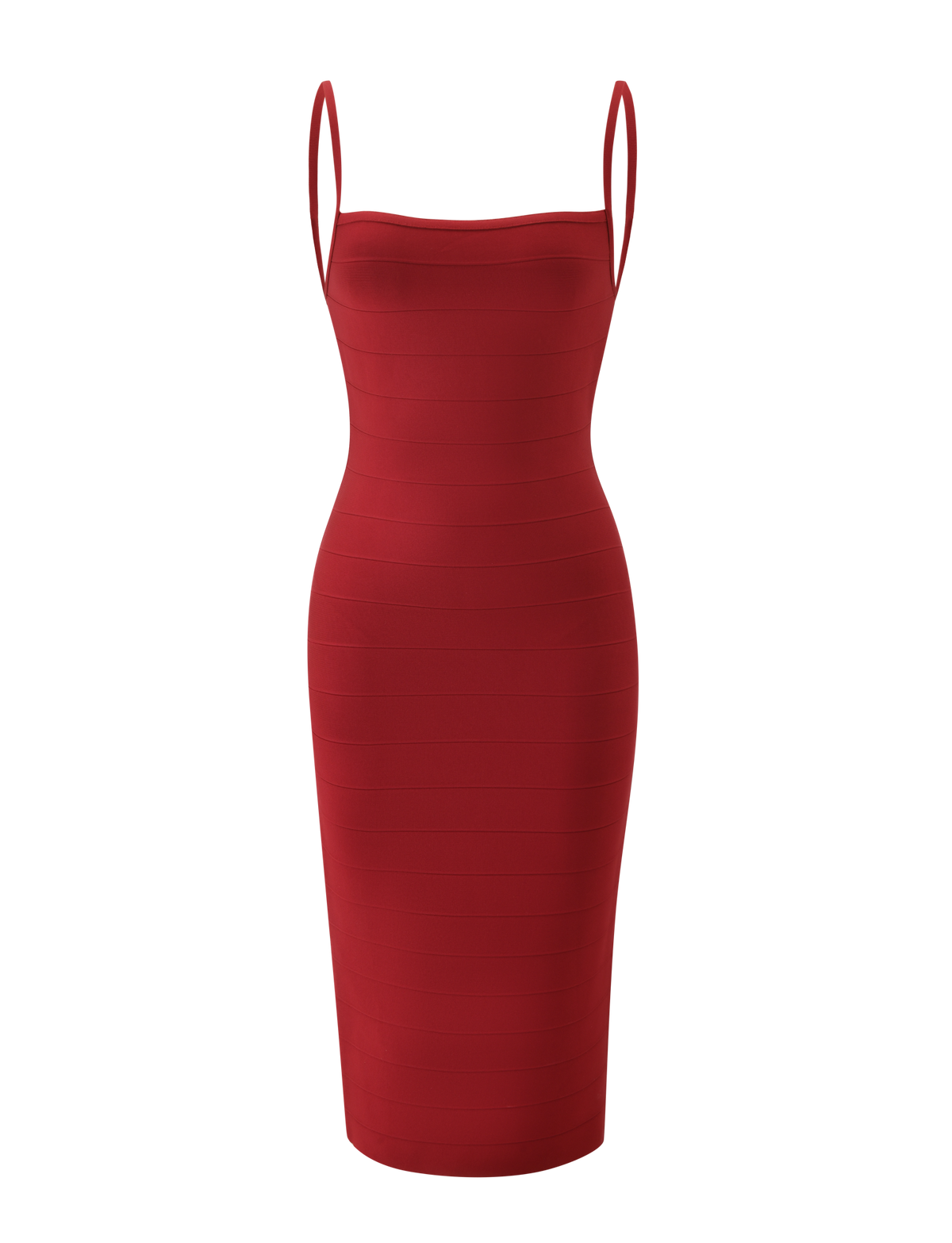 The MIDORI BANDAGE MIDI DRESS by TIGERMIST is a sleeveless, cherry red bodycon dress featuring thin shoulder straps and a knee-length hem, showcased against a plain white background.