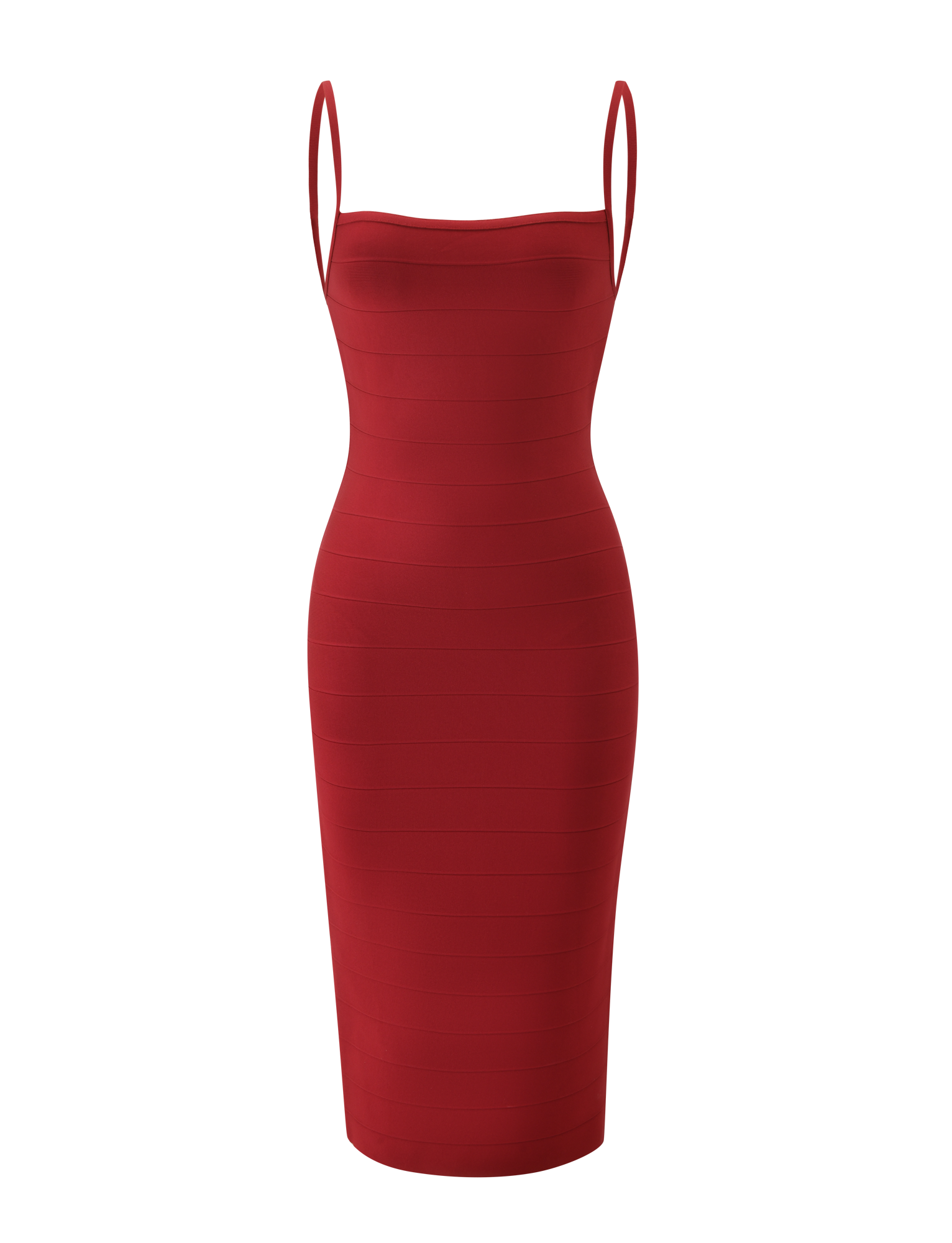 The MIDORI MIDI BANDAGE DRESS in cherry by TIGERMIST features a sleeveless, waist-cinching silhouette with thin shoulder straps and a straight neckline, shown against a plain white background.