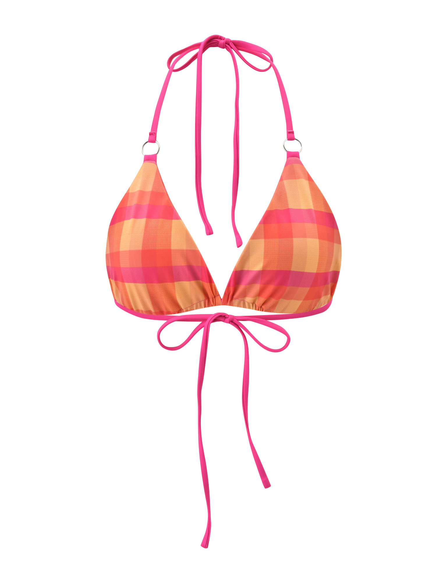 The TIGERMIST AYANNA REVERSIBLE BIKINI TOP - GINGHAM AND RESORT PLAID features pink, orange, and yellow checks with pink halter neck and back ties. This plaid bikini top is shown on a white background.