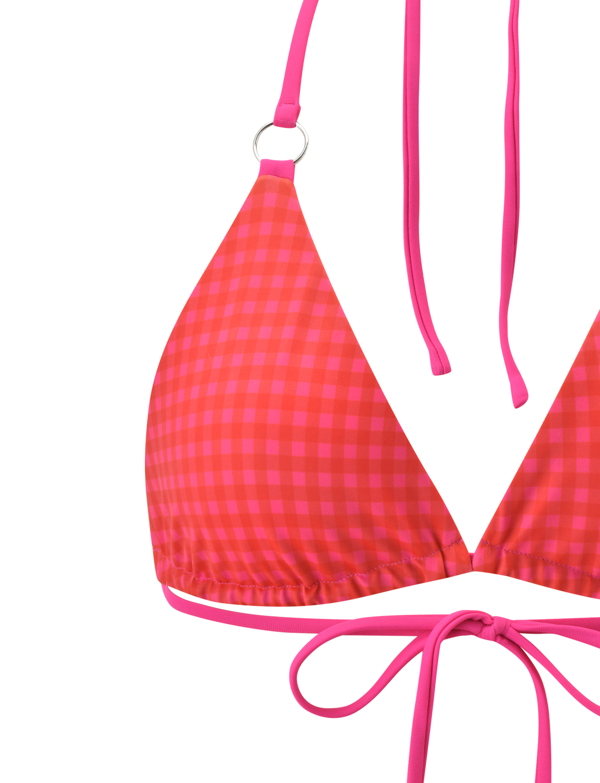 Close-up of the TIGERMIST AYANNA REVERSIBLE BIKINI TOP in gingham and resort plaid, featuring halter neck and back tie straps with a small metal ring detail on one strap.