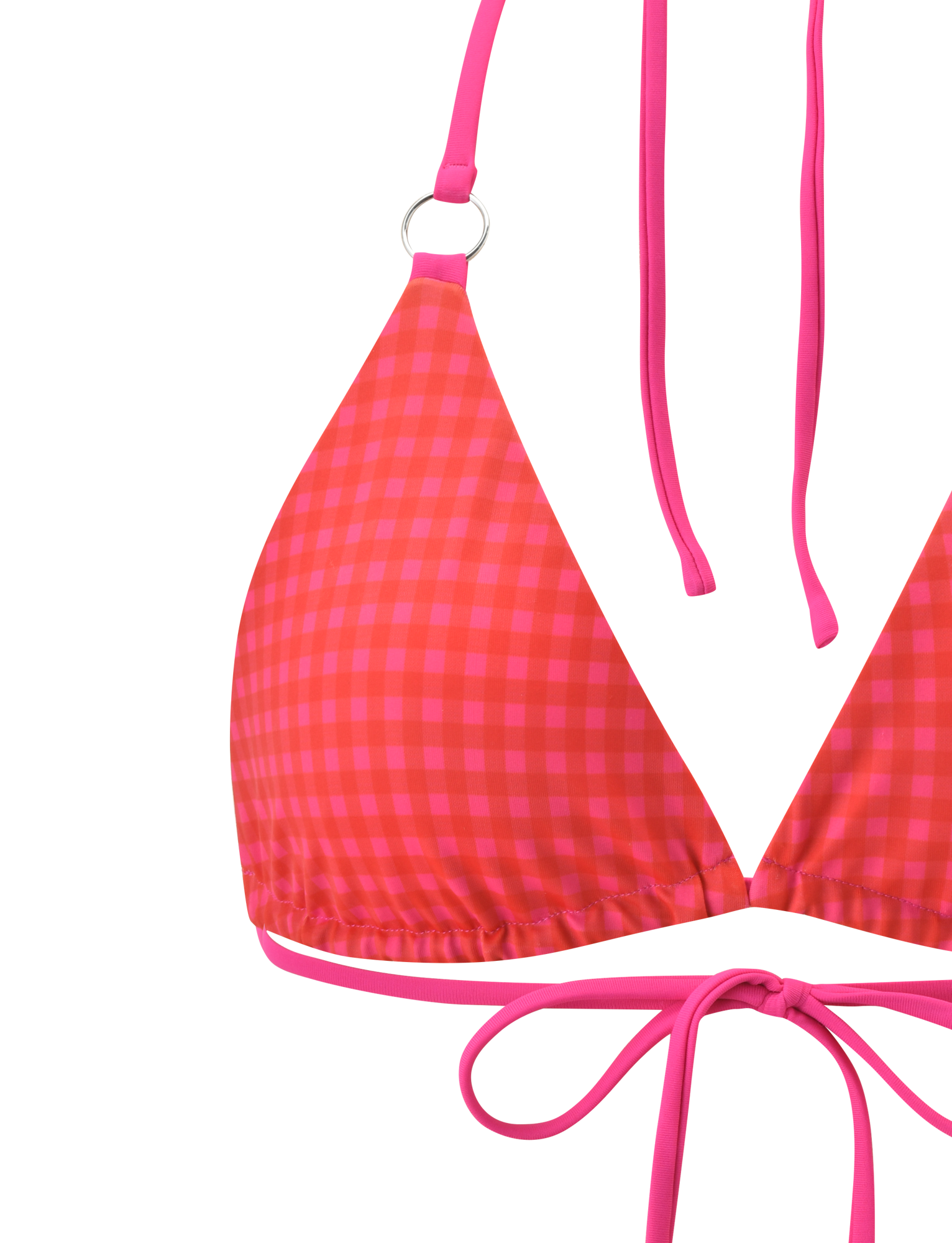 Close-up of the TIGERMIST AYANNA REVERSIBLE BIKINI TOP in gingham and resort plaid, featuring halter neck and back tie straps with a small metal ring detail on one strap.