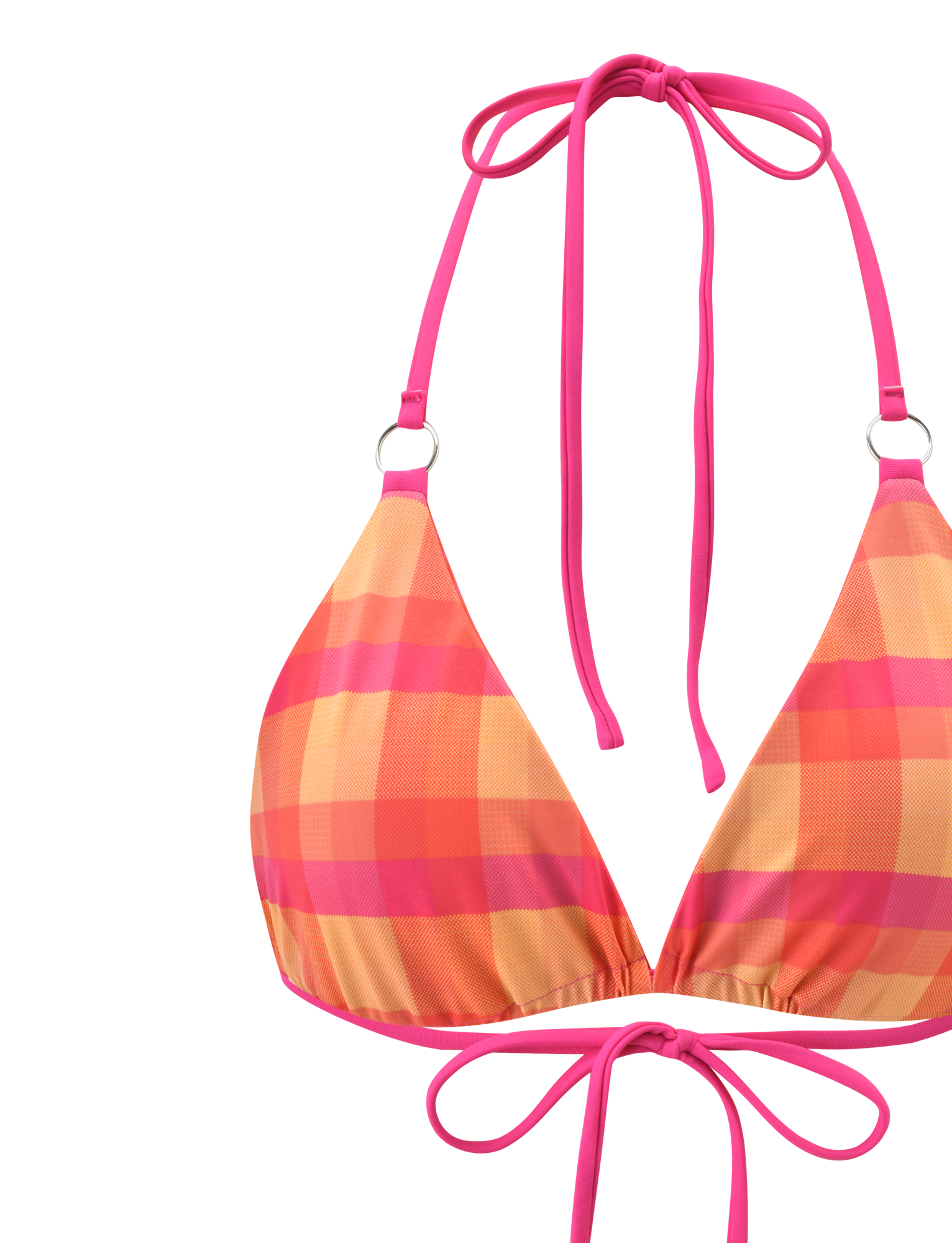 A close-up of the TIGERMIST AYANNA REVERSIBLE BIKINI TOP - GINGHAM AND RESORT PLAID, featuring a pink and orange plaid design with thin hot pink tie straps and small metal rings connecting the straps to the fabric.