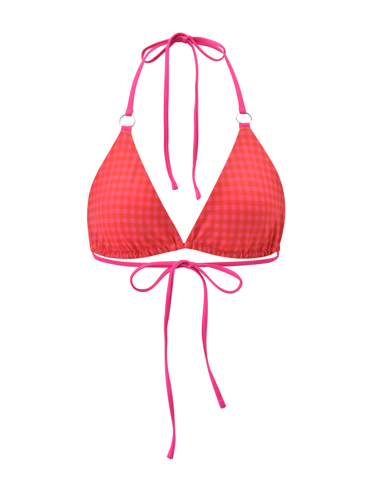 The TIGERMIST AYANNA REVERSIBLE BIKINI TOP - GINGHAM AND RESORT PLAID features triangle cups, halter neck ties, and back ties in a pink and red plaid design, combining style and versatility against a plain white background.