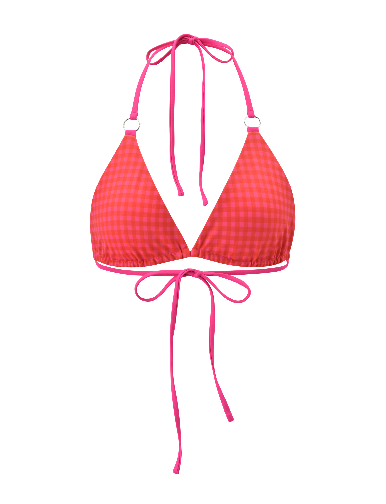The TIGERMIST AYANNA REVERSIBLE BIKINI TOP - GINGHAM AND RESORT PLAID features triangle cups, halter neck ties, and back ties in a pink and red plaid design, combining style and versatility against a plain white background.