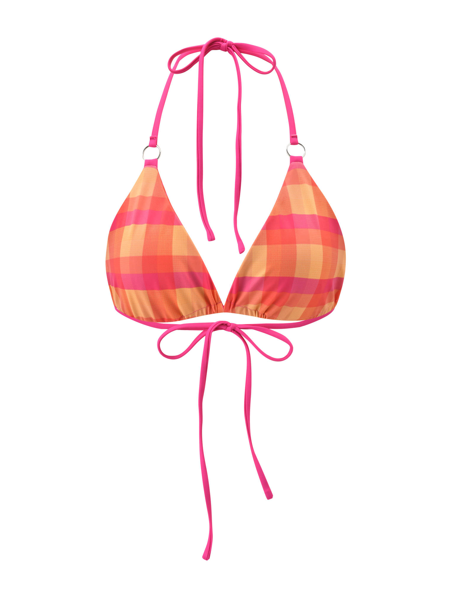 The AYANNA REVERSIBLE BIKINI TOP - GINGHAM AND RESORT PLAID by TIGERMIST features a pink, orange, and yellow plaid pattern with solid pink halter neck and back ties on a white base. The top is reversible for added versatility.