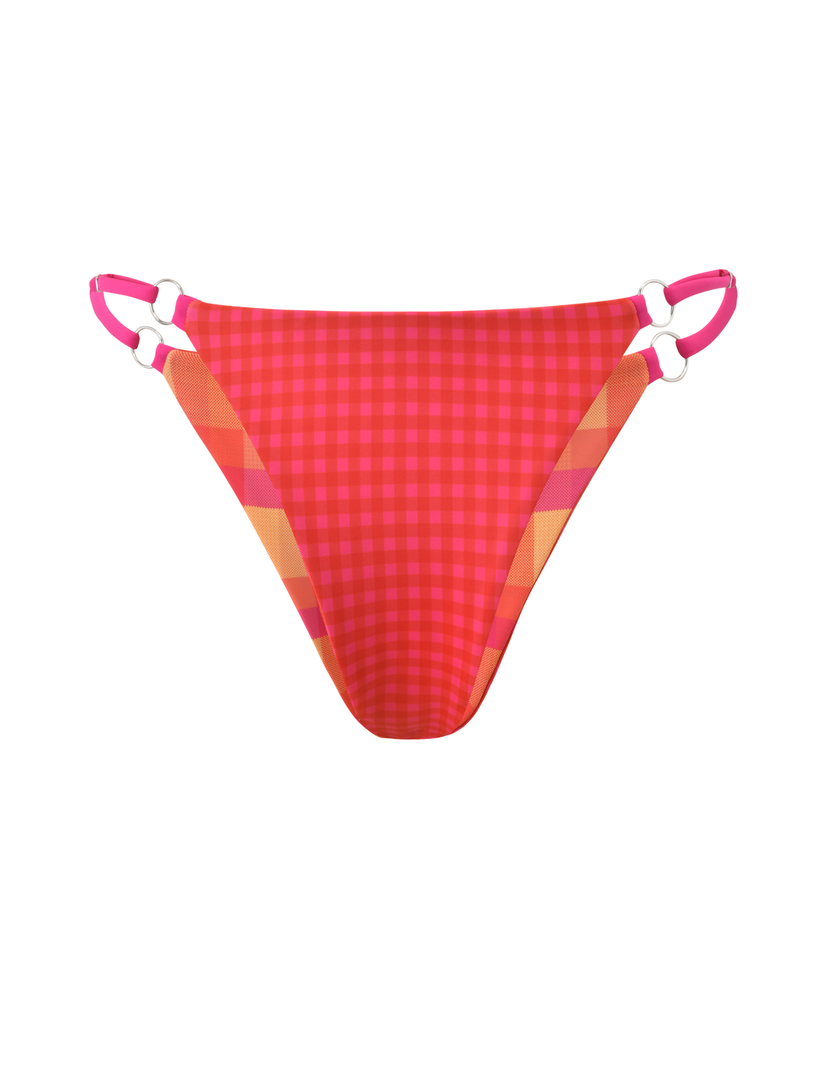 TIGERMIST AYANNA Reversible Bikini Bottom in pink and orange gingham and resort plaid, featuring adjustable side straps, white ring accents, and cheeky coverage, shown on a white background.