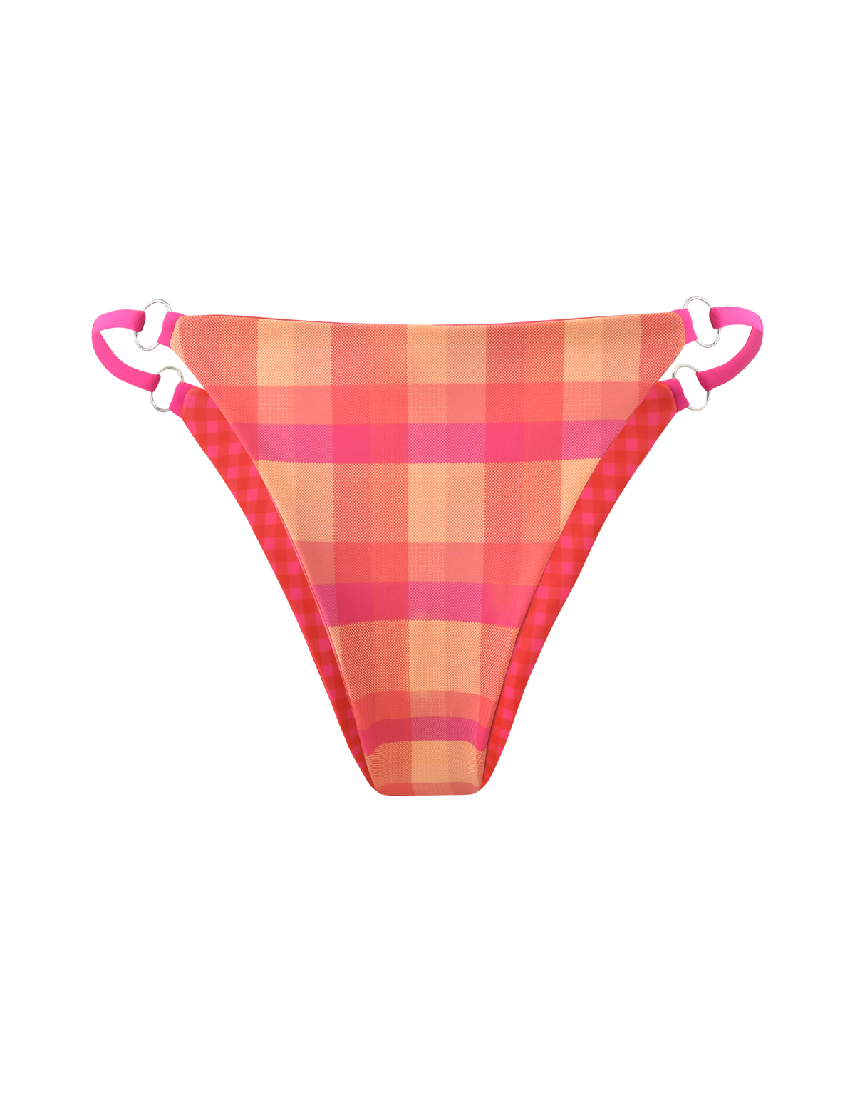 The TIGERMIST AYANNA REVERSIBLE BIKINI BOTTOM features a vibrant pink and orange plaid design with white ring accents and bright pink adjustable side straps, displayed on a plain white background.