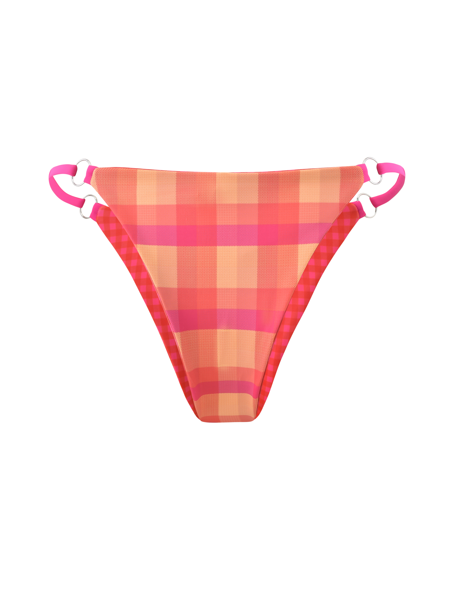 The TIGERMIST AYANNA REVERSIBLE BIKINI BOTTOM features a vibrant pink and orange plaid design with white ring accents and bright pink adjustable side straps, displayed on a plain white background.