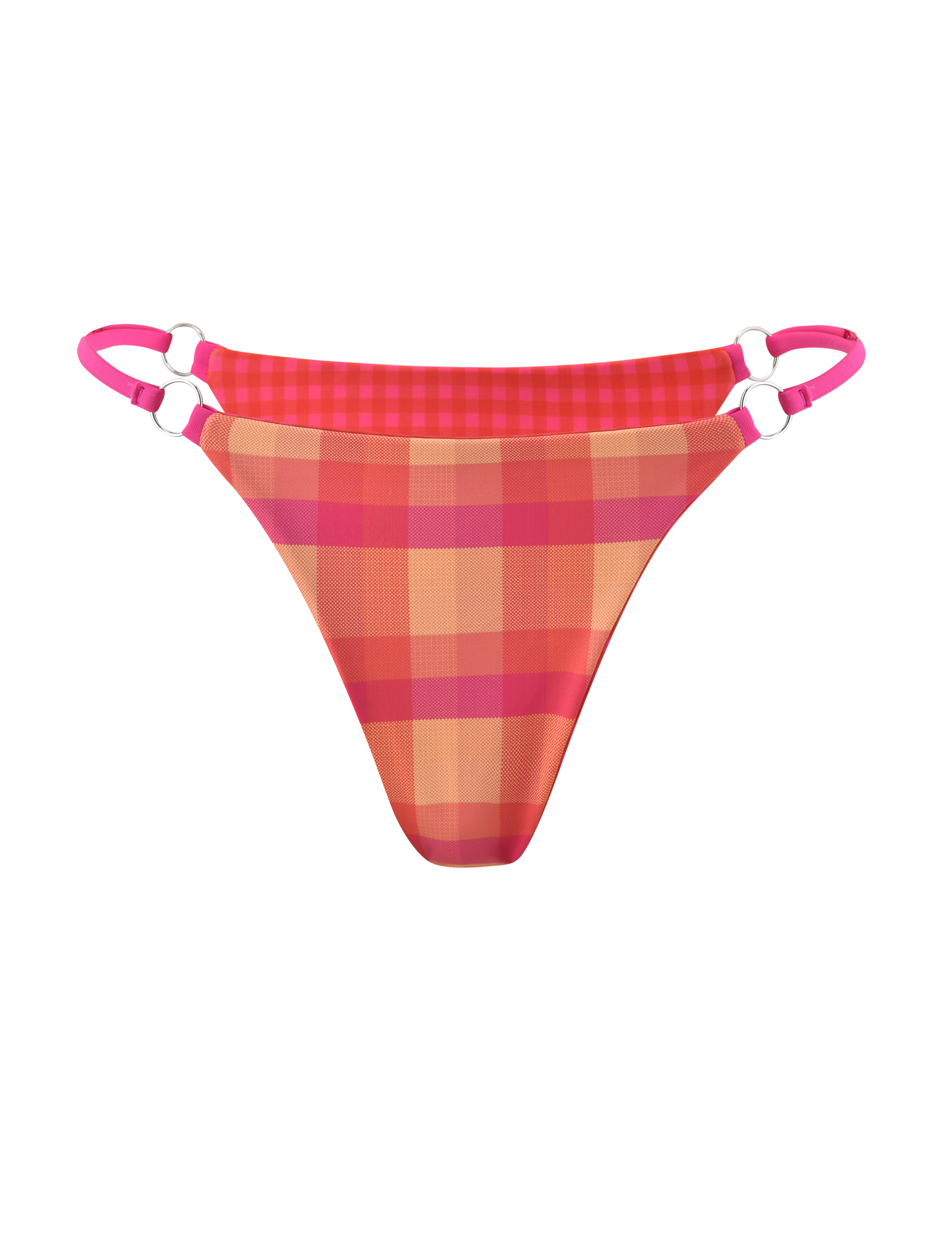 The TIGERMIST AYANNA REVERSIBLE BIKINI BOTTOM - GINGHAM AND RESORT PLAID features double adjustable pink side straps with silver rings and a vibrant pink and orange plaid pattern, shown on a white background.