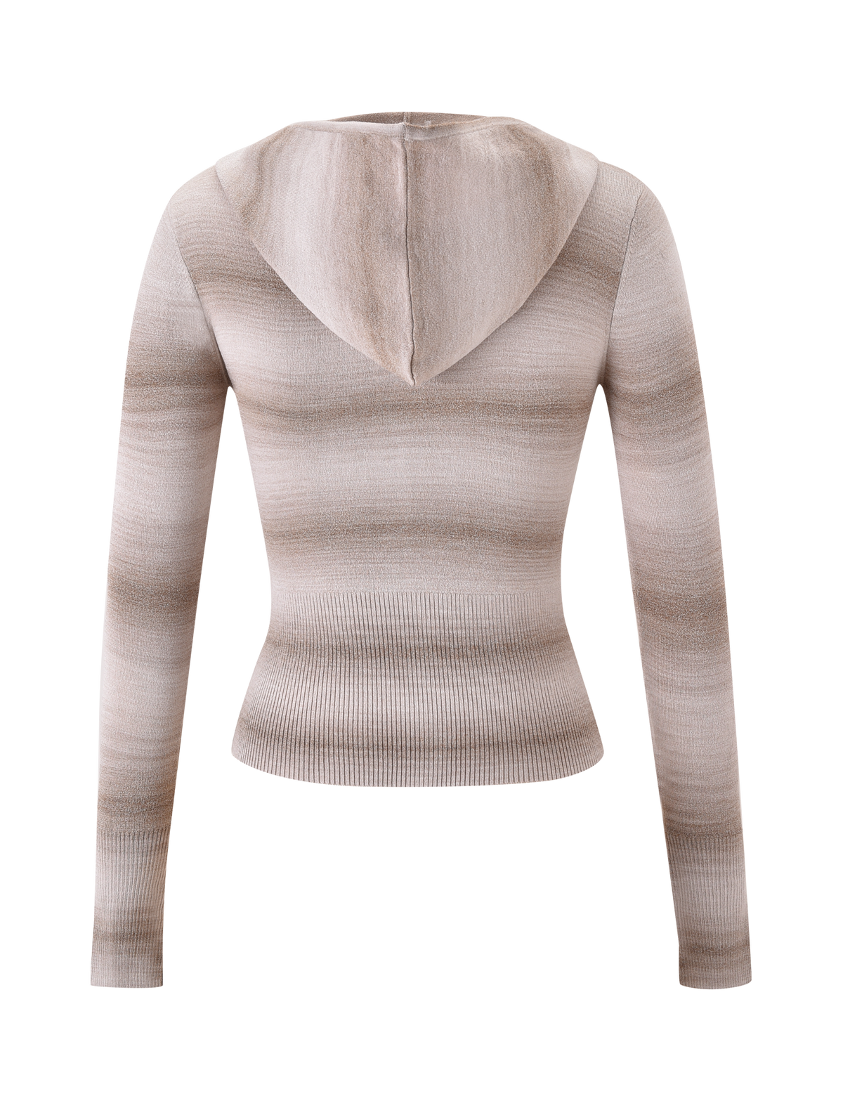 Back view of the MARISSA JUMPER - TAUPE OMBRE STRIPE by TIGERMIST, a fitted hooded knit with long sleeves, beige and light brown stripes, ribbed waist, and smooth texture.