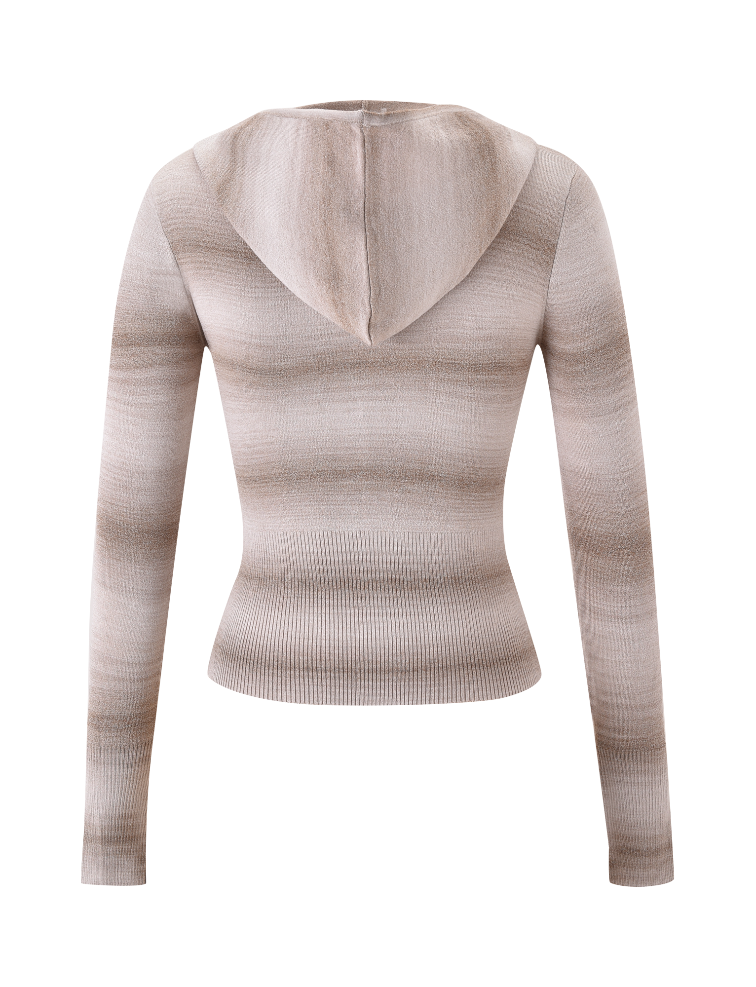 Back view of the MARISSA JUMPER - TAUPE OMBRE STRIPE by TIGERMIST, a fitted hooded knit with long sleeves, beige and light brown stripes, ribbed waist, and smooth texture.