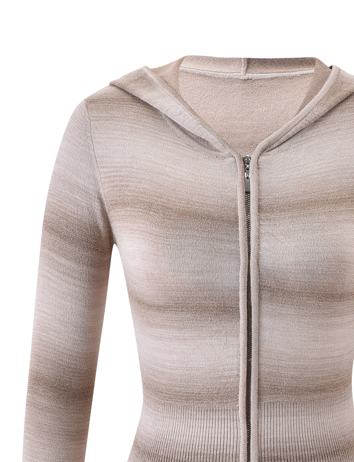 The TIGERMIST MARISSA JUMPER in taupe ombre stripe features a zip-up front, long sleeves, and a hood, shown in close-up on a plain white background.