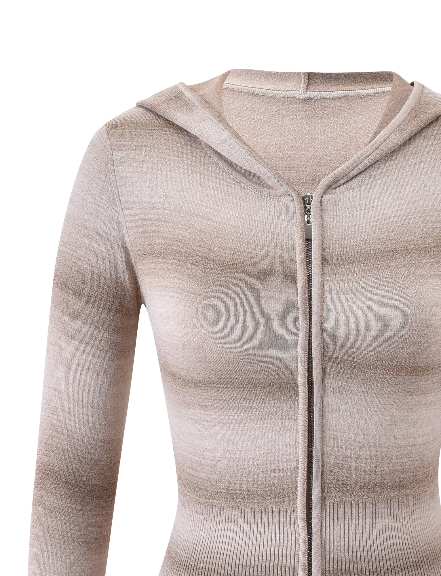 The TIGERMIST MARISSA JUMPER in taupe ombre stripe features a zip-up front, long sleeves, and a hood, shown in close-up on a plain white background.