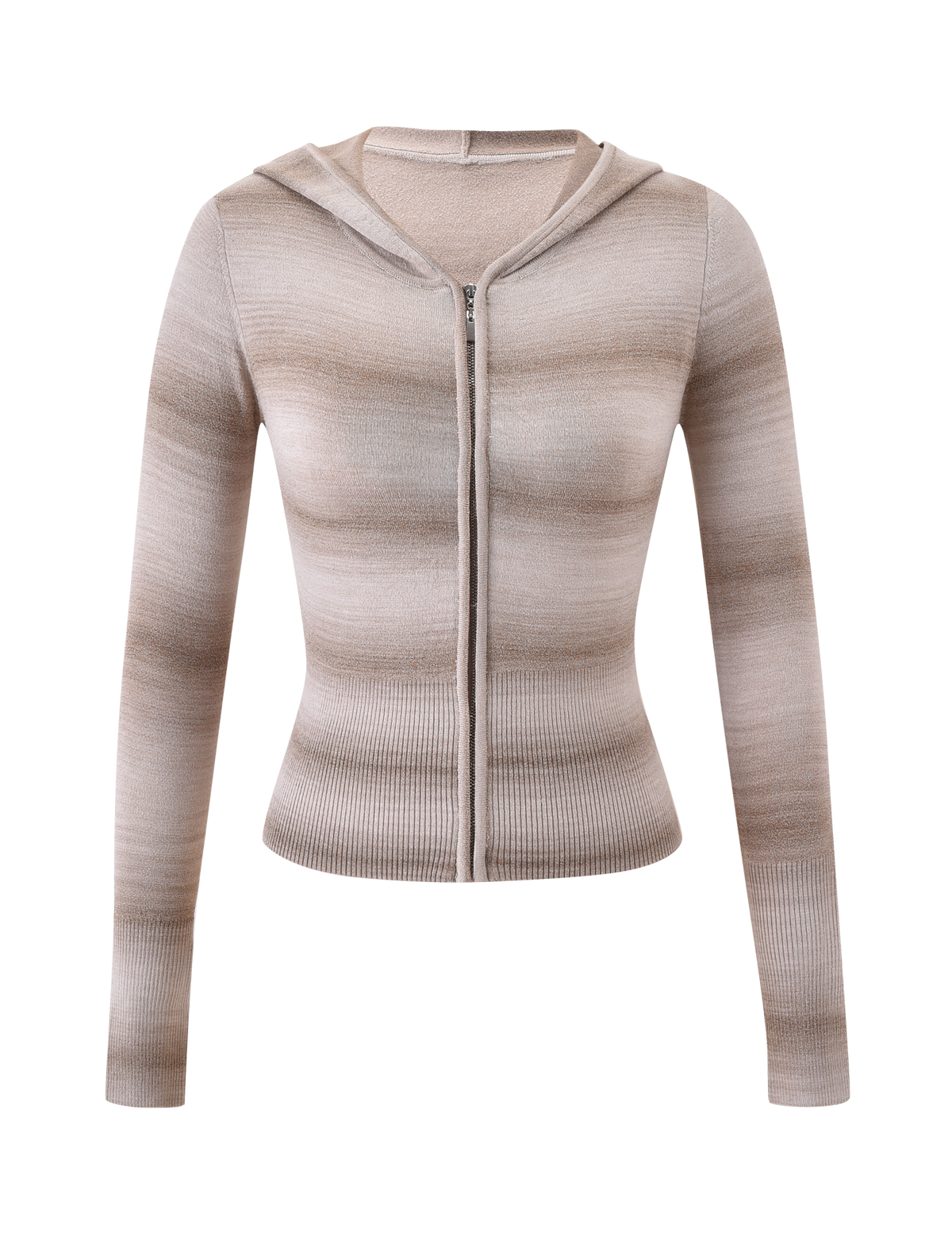 The TIGERMIST MARISSA JUMPER in taupe ombre stripe features a fitted design, long sleeves, ribbed texture, and zip-up hoodie, shown against a plain white background.